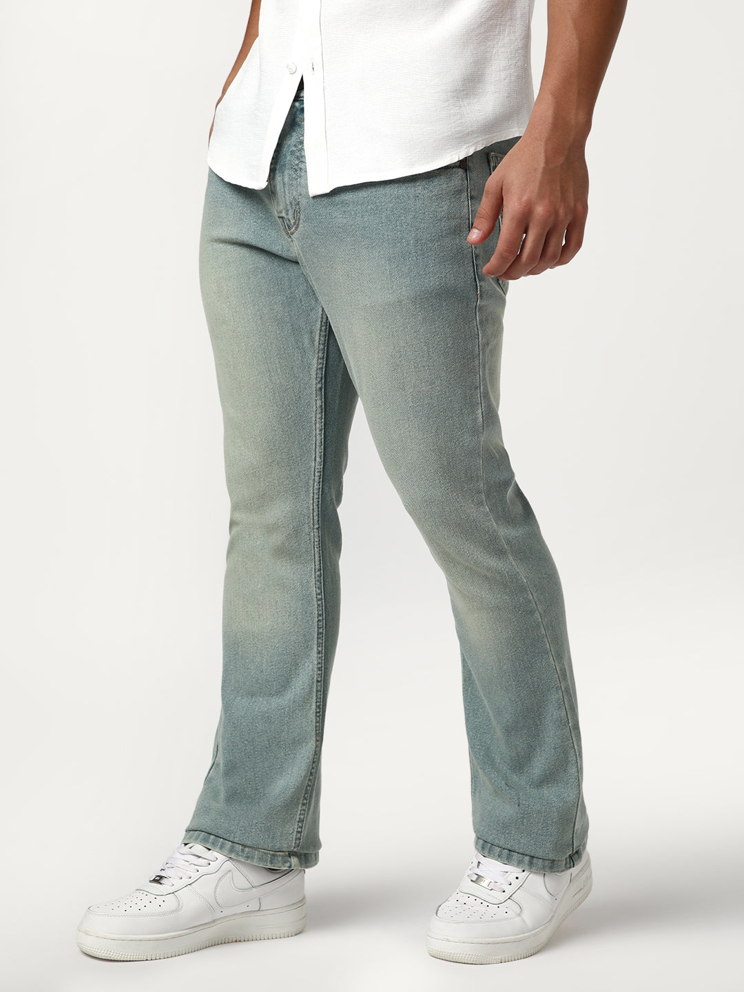 Men's Ice Blue Bootcut Fit Mid Rise Tinted Heavy Washed Jeans Stretchable