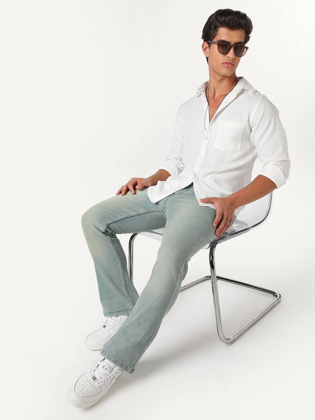 Men's Ice Blue Bootcut Fit Mid Rise Tinted Heavy Washed Jeans Stretchable