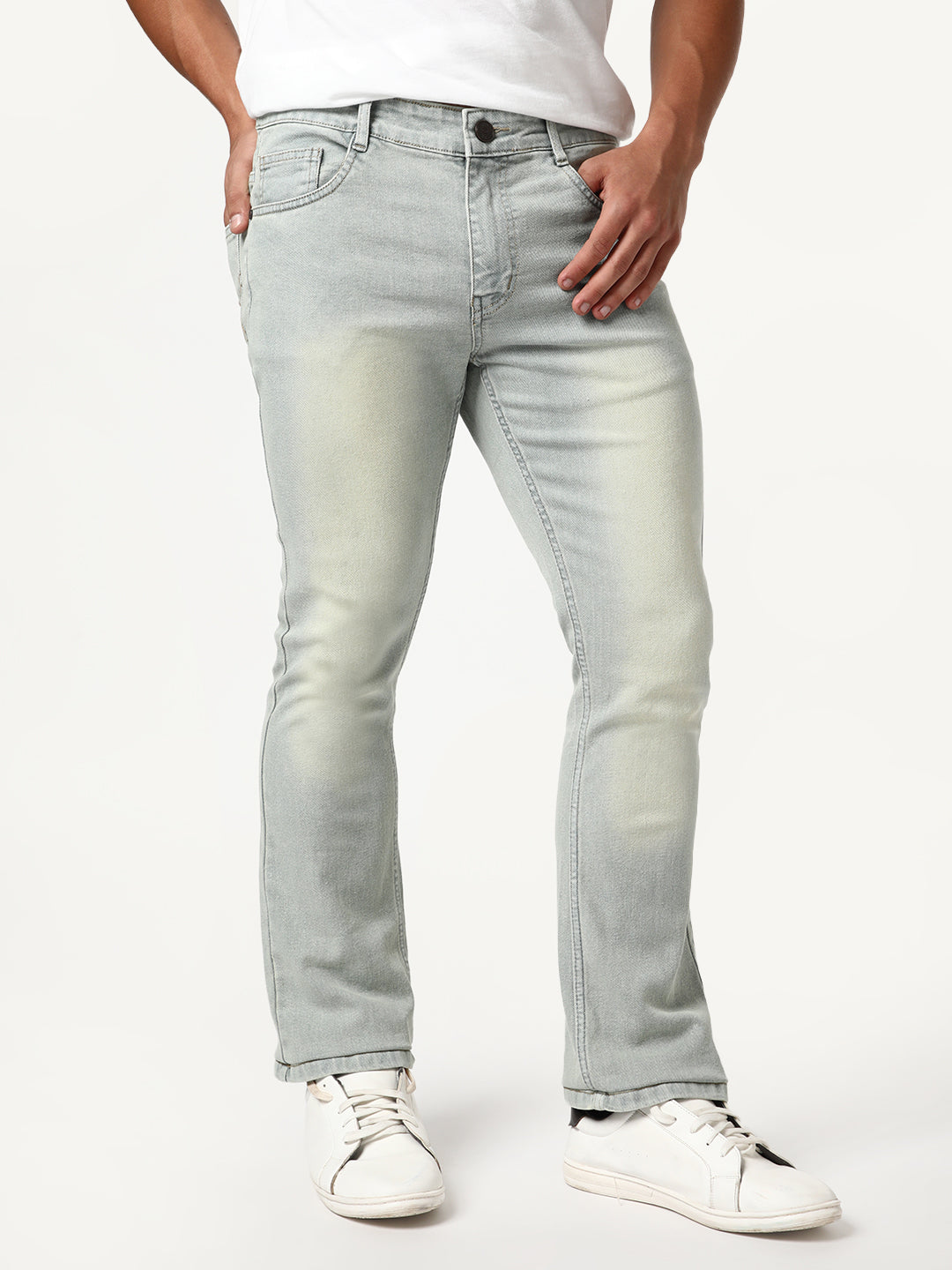 Men's Ice Grey Bootcut Fit Mid Rise Tinted Heavy Washed Jeans Stretchable