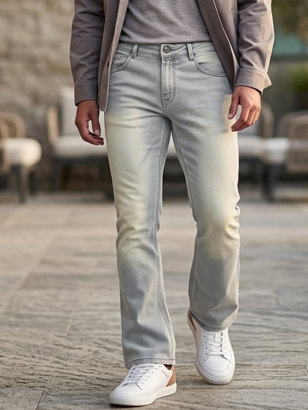 Men's Ice Grey Bootcut Fit Mid Rise Tinted Heavy Washed Jeans Stretchable
