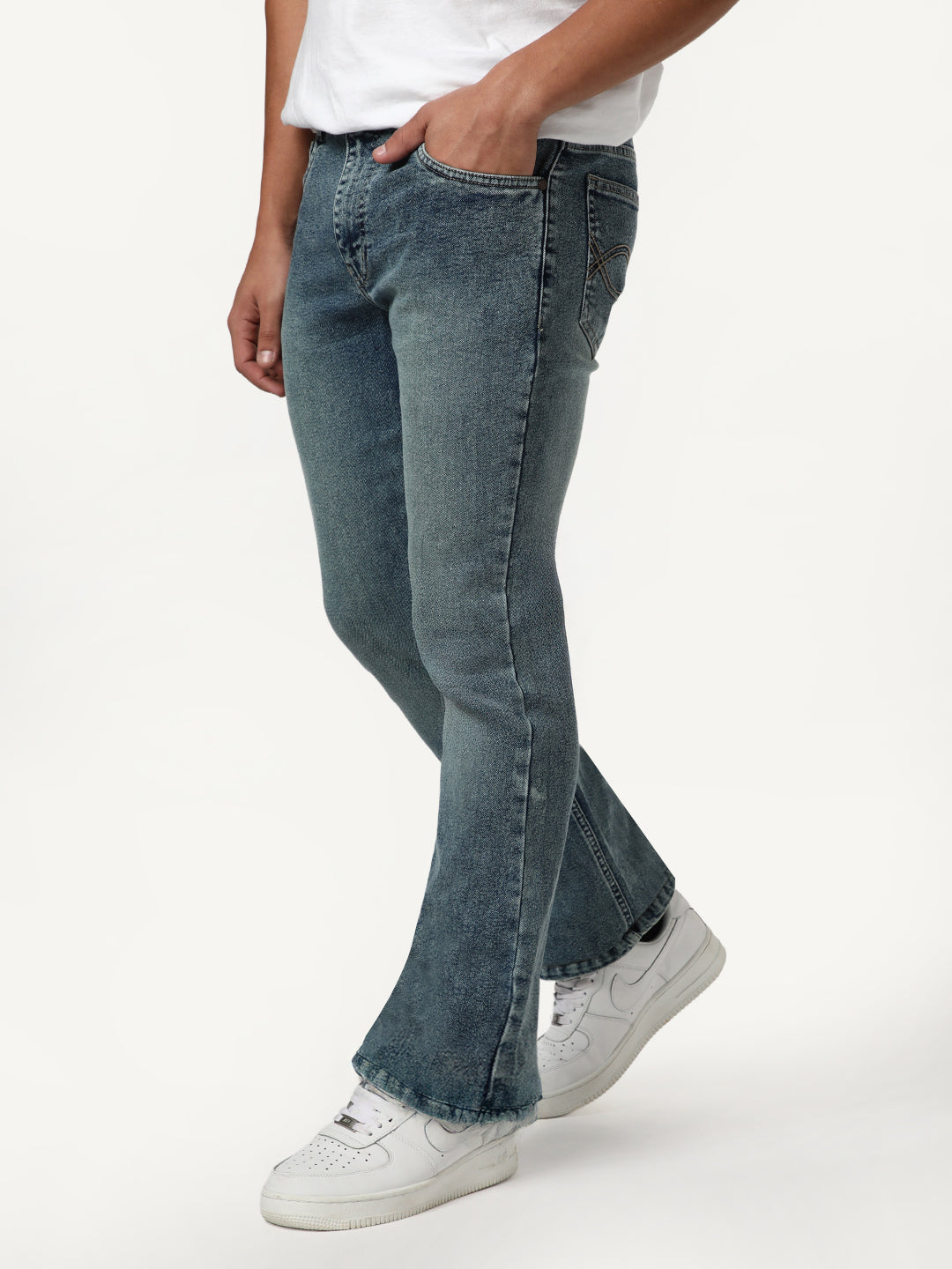 Men's Light Blue Bootcut Fit Mid Rise Tinted Heavy Washed Jeans Stretchable