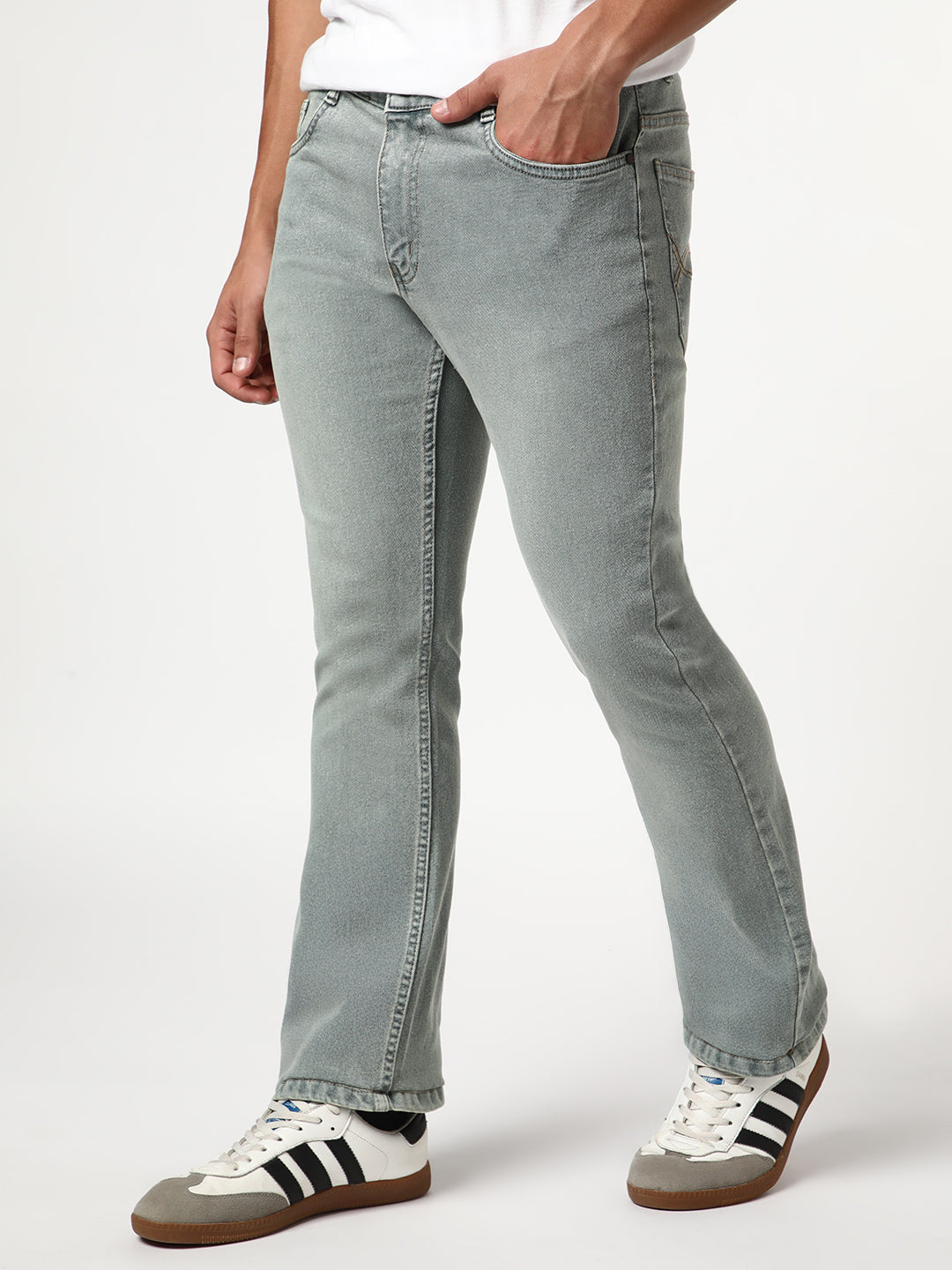 Men's Light Grey Bootcut Fit Mid Rise Tinted Heavy Washed Jeans Stretchable