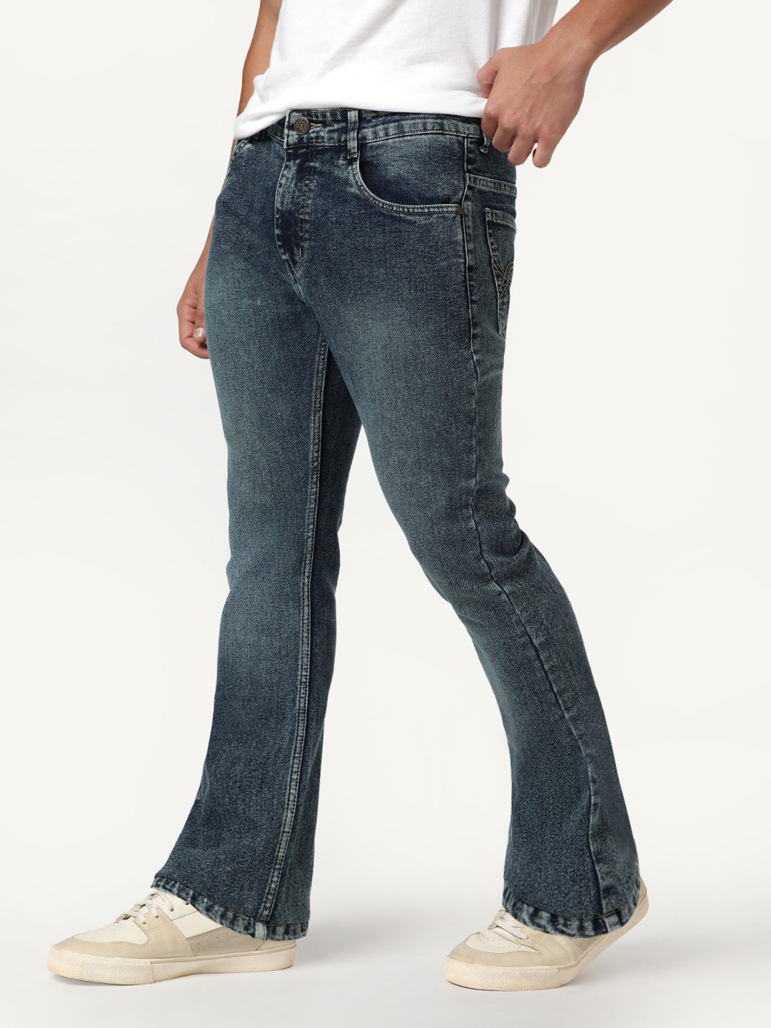 Men's Blue Bootcut Fit Mid Rise Tinted Heavy Washed Jeans Stretchable