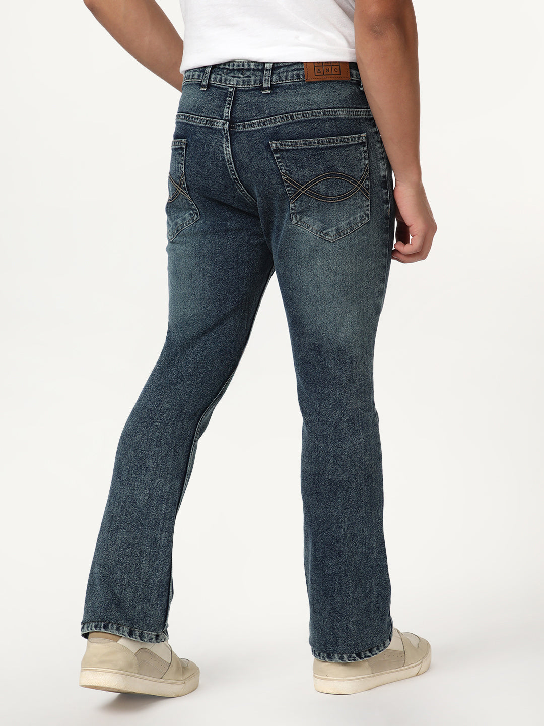 Men's Blue Bootcut Fit Mid Rise Tinted Heavy Washed Jeans Stretchable