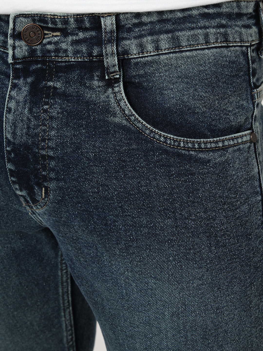 Men's Blue Bootcut Fit Mid Rise Tinted Heavy Washed Jeans Stretchable