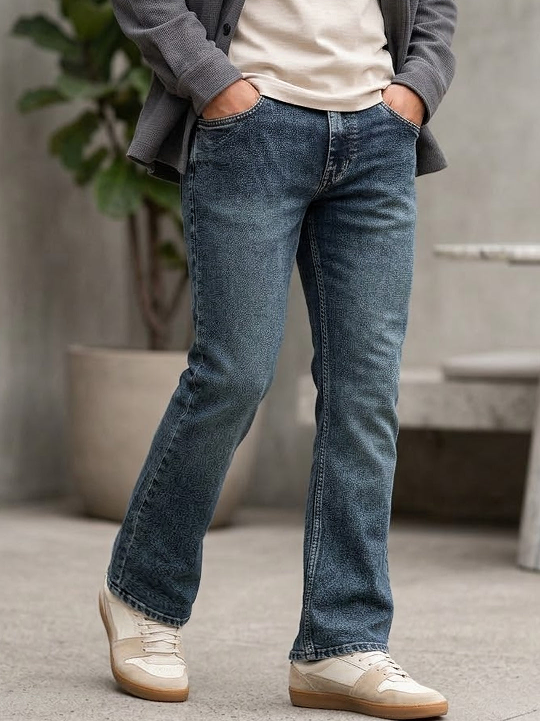 Men's Blue Bootcut Fit Mid Rise Tinted Heavy Washed Jeans Stretchable