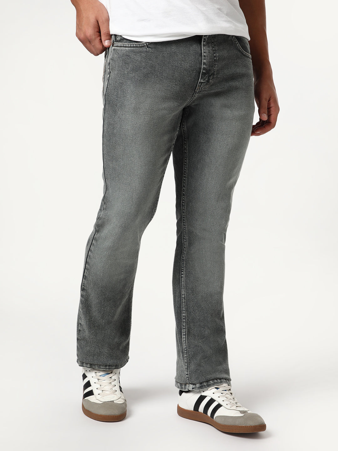 Men's Grey Bootcut Fit Mid Rise Tinted Heavy Washed Jeans Stretchable