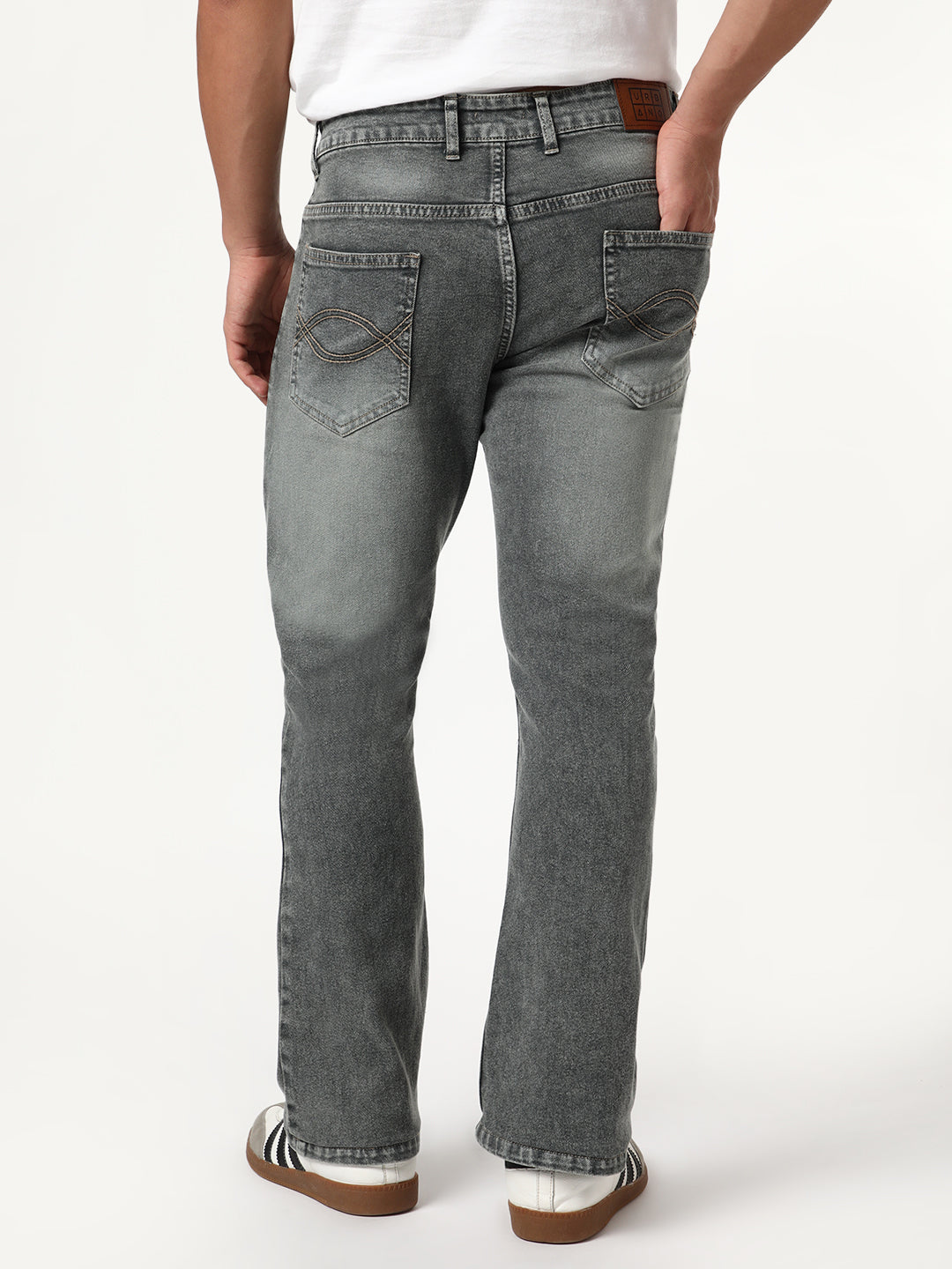 Men's Grey Bootcut Fit Mid Rise Tinted Heavy Washed Jeans Stretchable