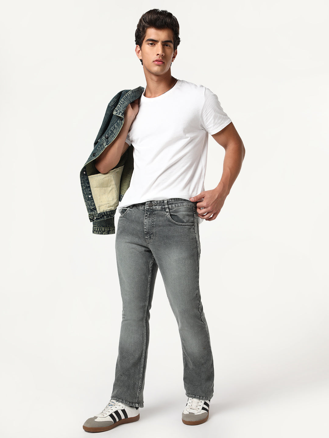 Men's Grey Bootcut Fit Mid Rise Tinted Heavy Washed Jeans Stretchable