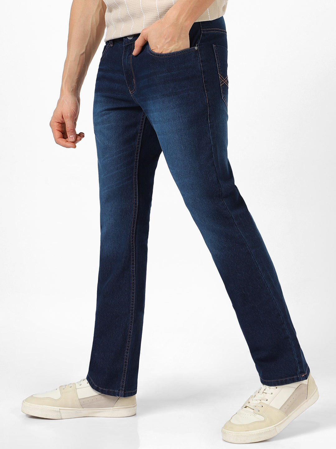 Men's Dark Blue Washed Bootcut Jeans Stretchable