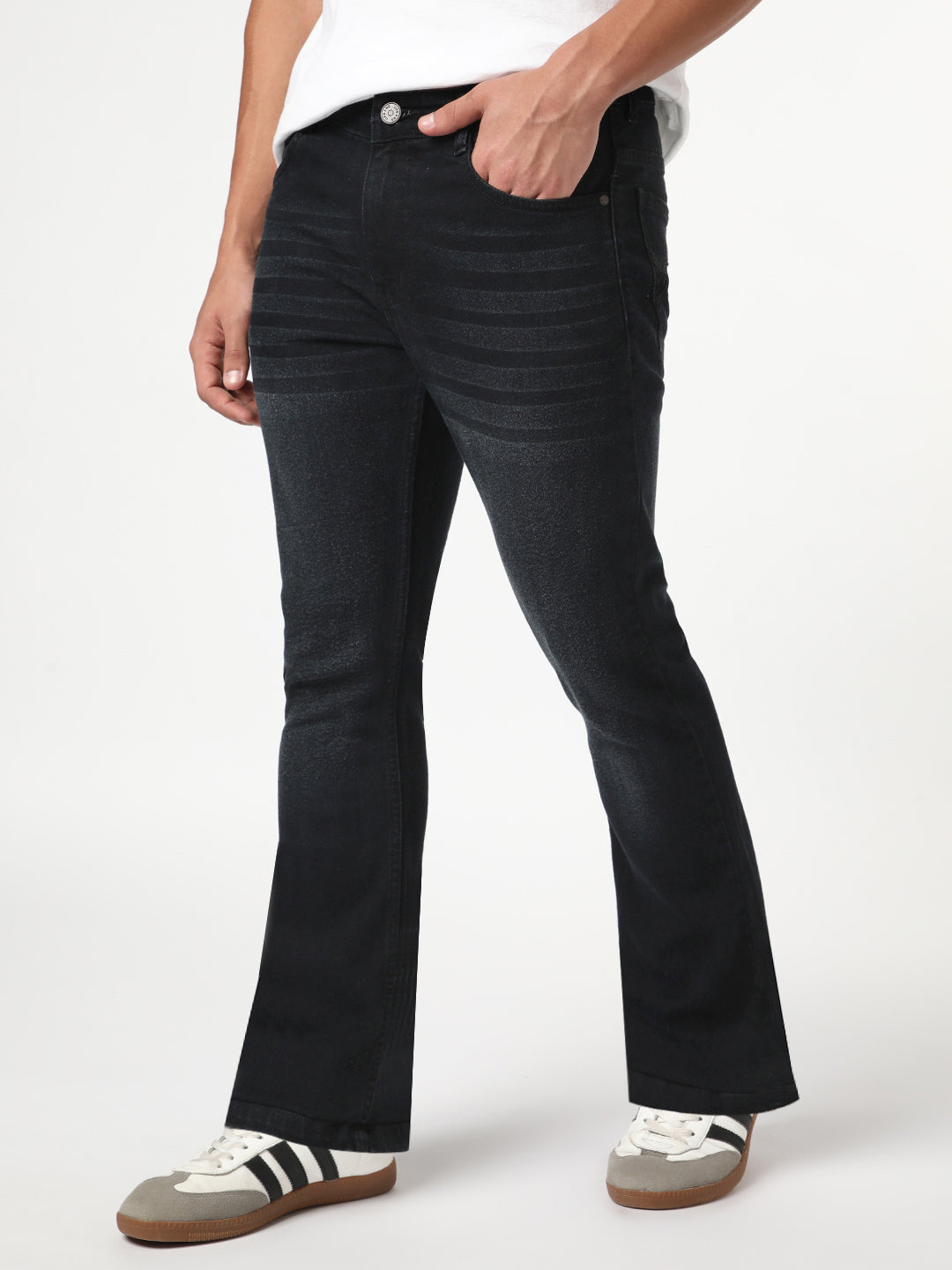 Men's Black Bootcut Fit Mid Rise Heavy Washed Jeans Stretchable