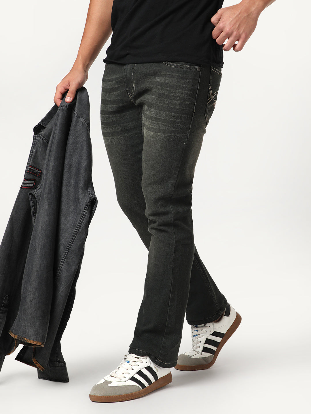 Men's Dark Grey Bootcut Fit Mid Rise Heavy Washed Jeans Stretchable