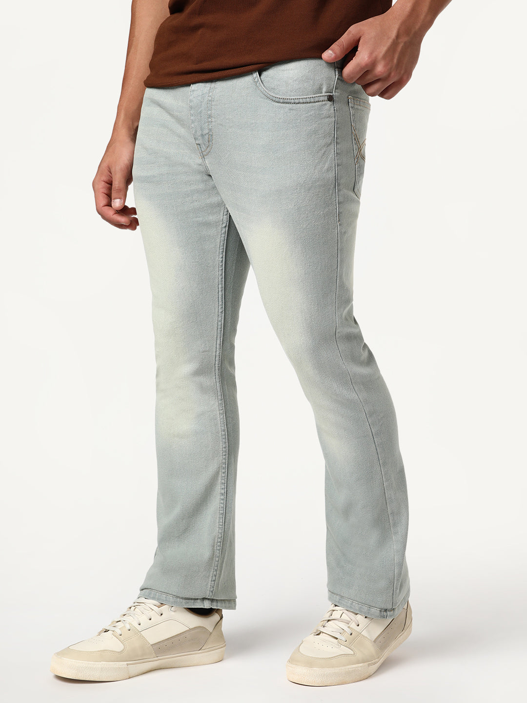 Men's Ice Grey Bootcut Fit Mid Rise Heavy Washed Jeans Stretchable