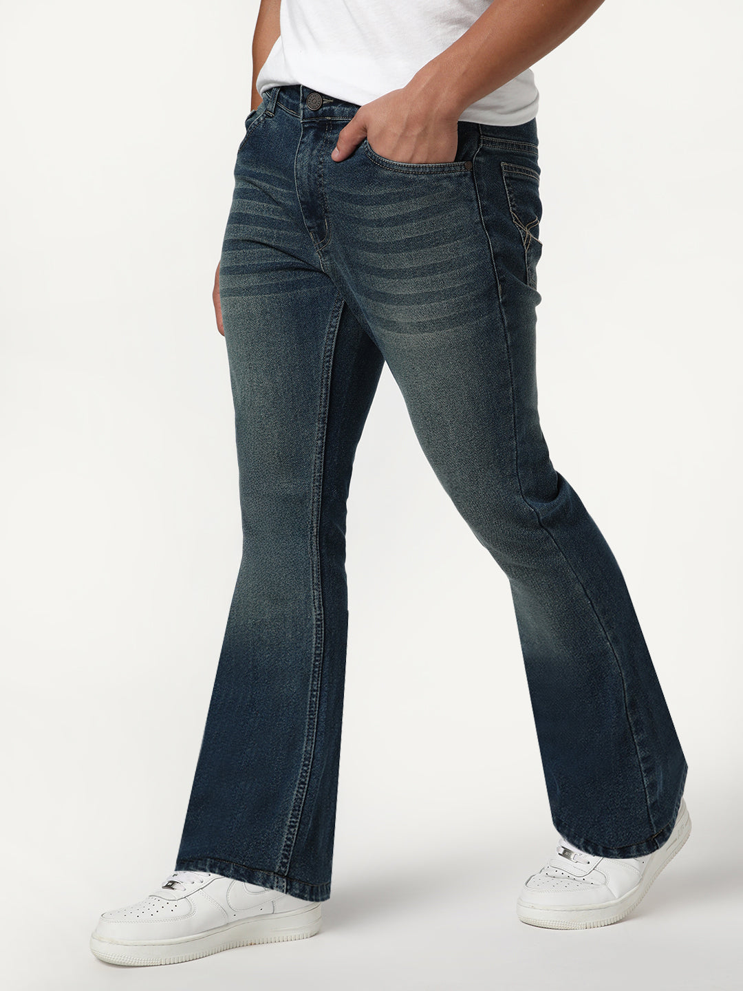 Men's Light Blue Bootcut Fit Mid Rise Heavy Washed Jeans Stretchable