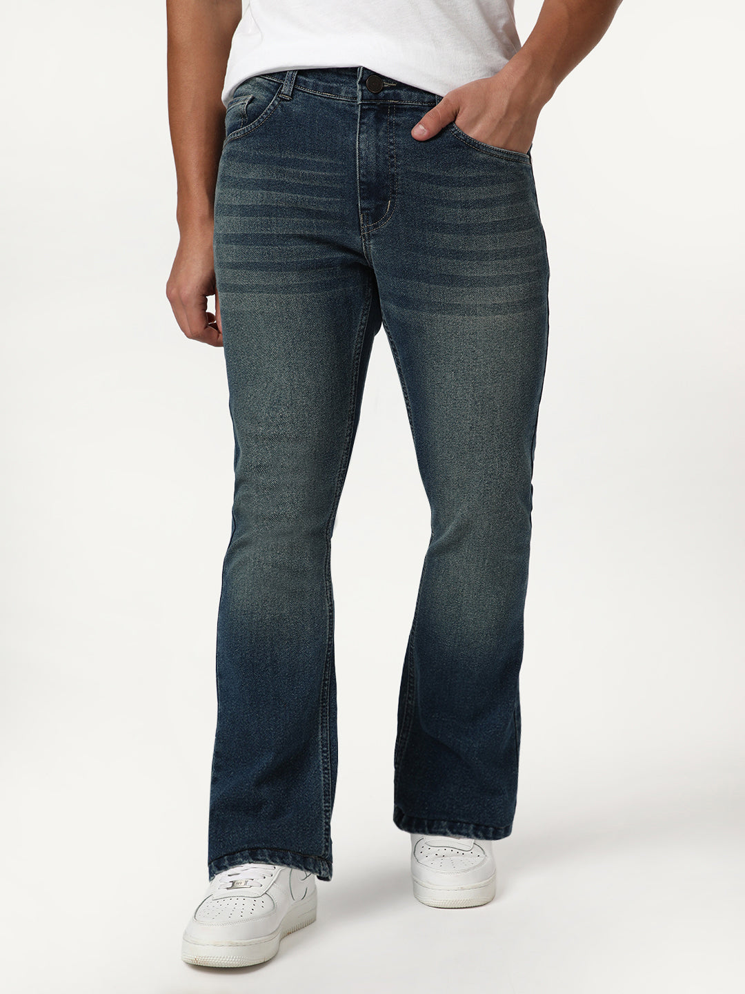 Men's Light Blue Bootcut Fit Mid Rise Heavy Washed Jeans Stretchable