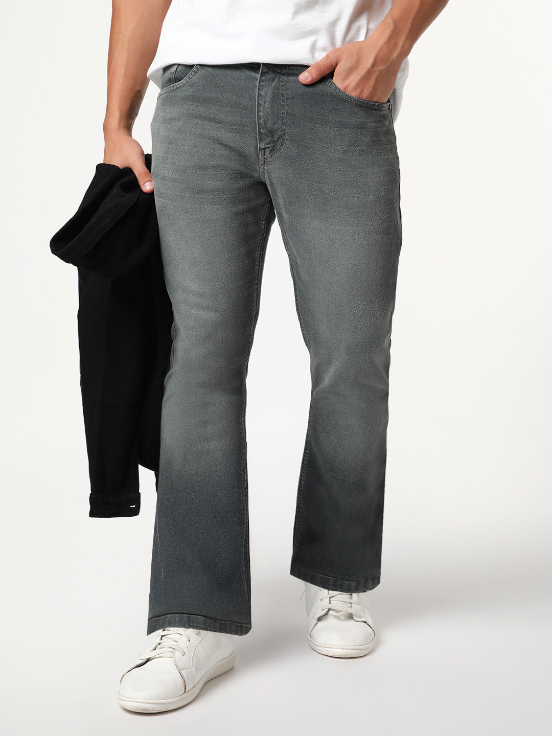 Men's Grey Bootcut Fit Mid Rise Heavy Washed Jeans Stretchable