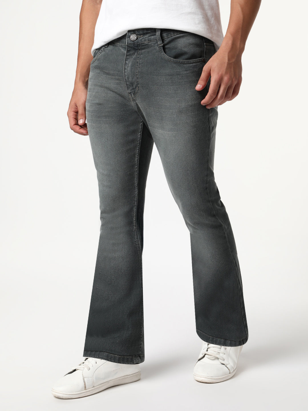 Men's Grey Bootcut Fit Mid Rise Heavy Washed Jeans Stretchable