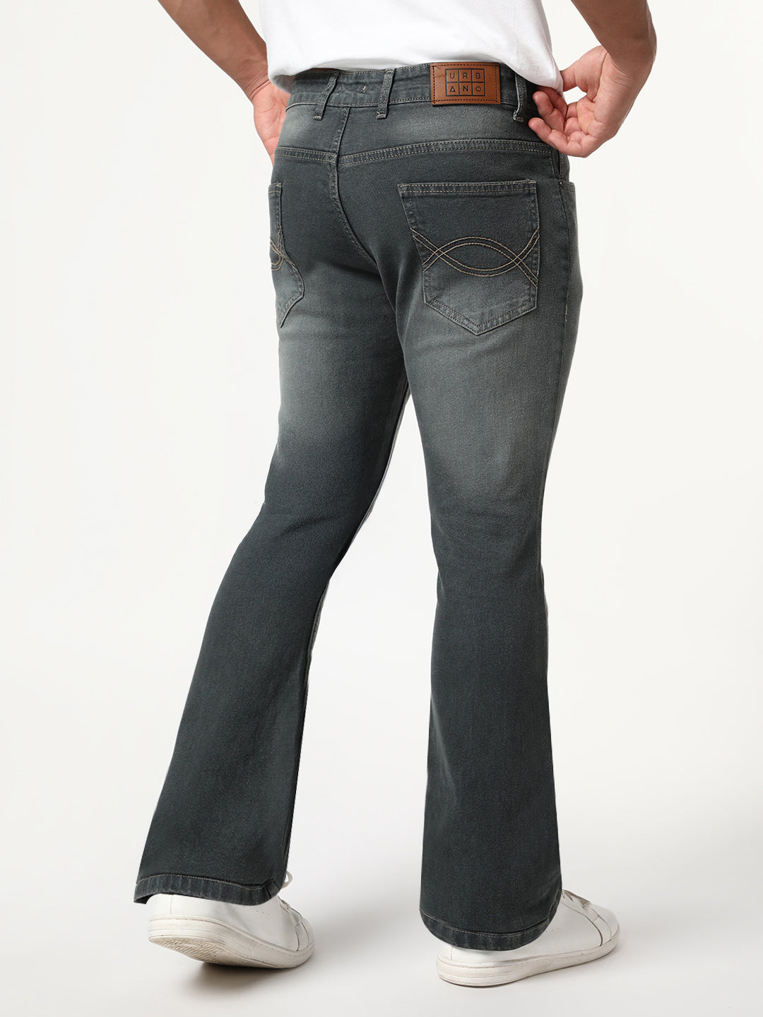 Men's Grey Bootcut Fit Mid Rise Heavy Washed Jeans Stretchable