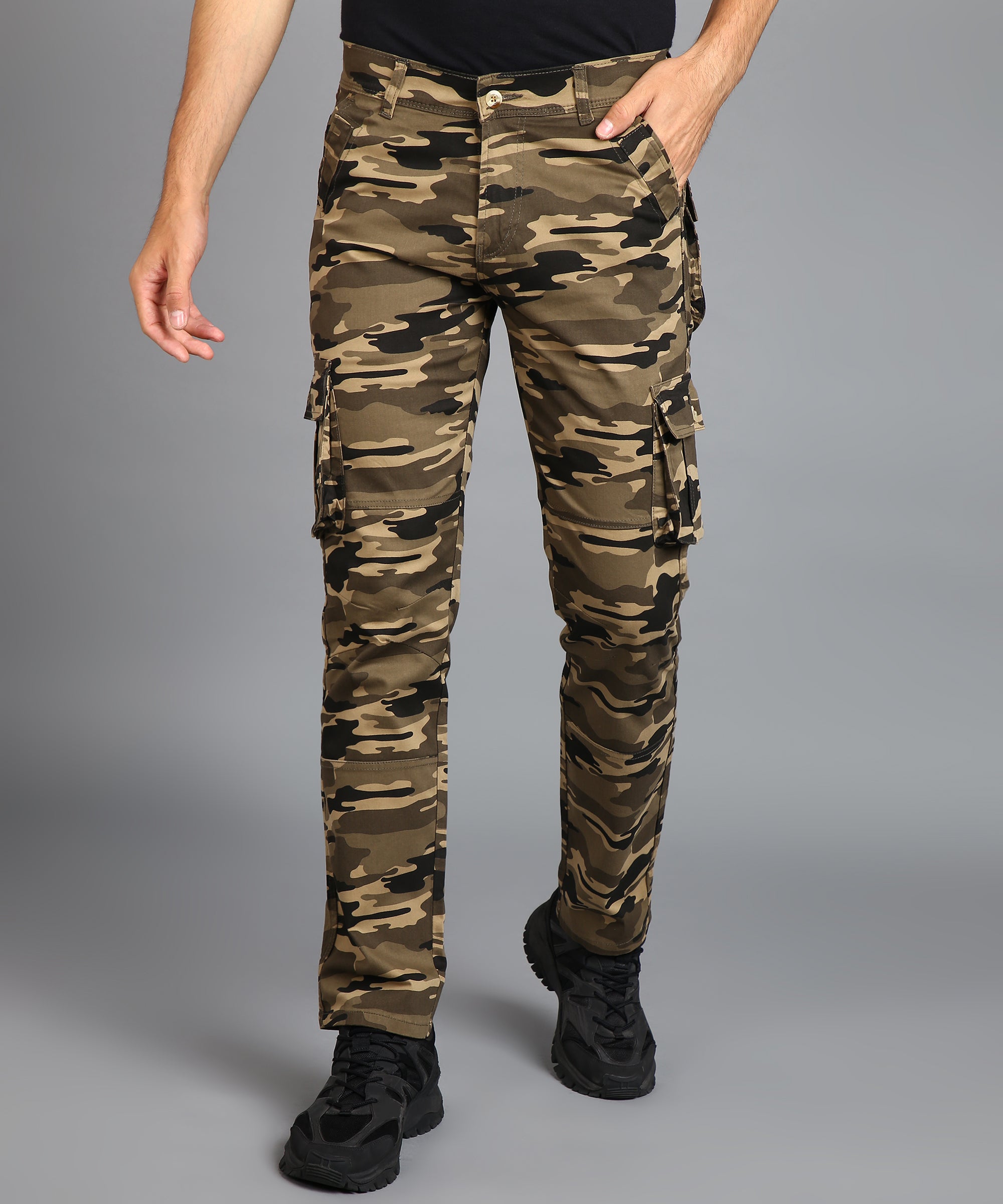 Men's Khaki Regular Fit Military Camouflage Cargo Chino Pant with 6 Pockets