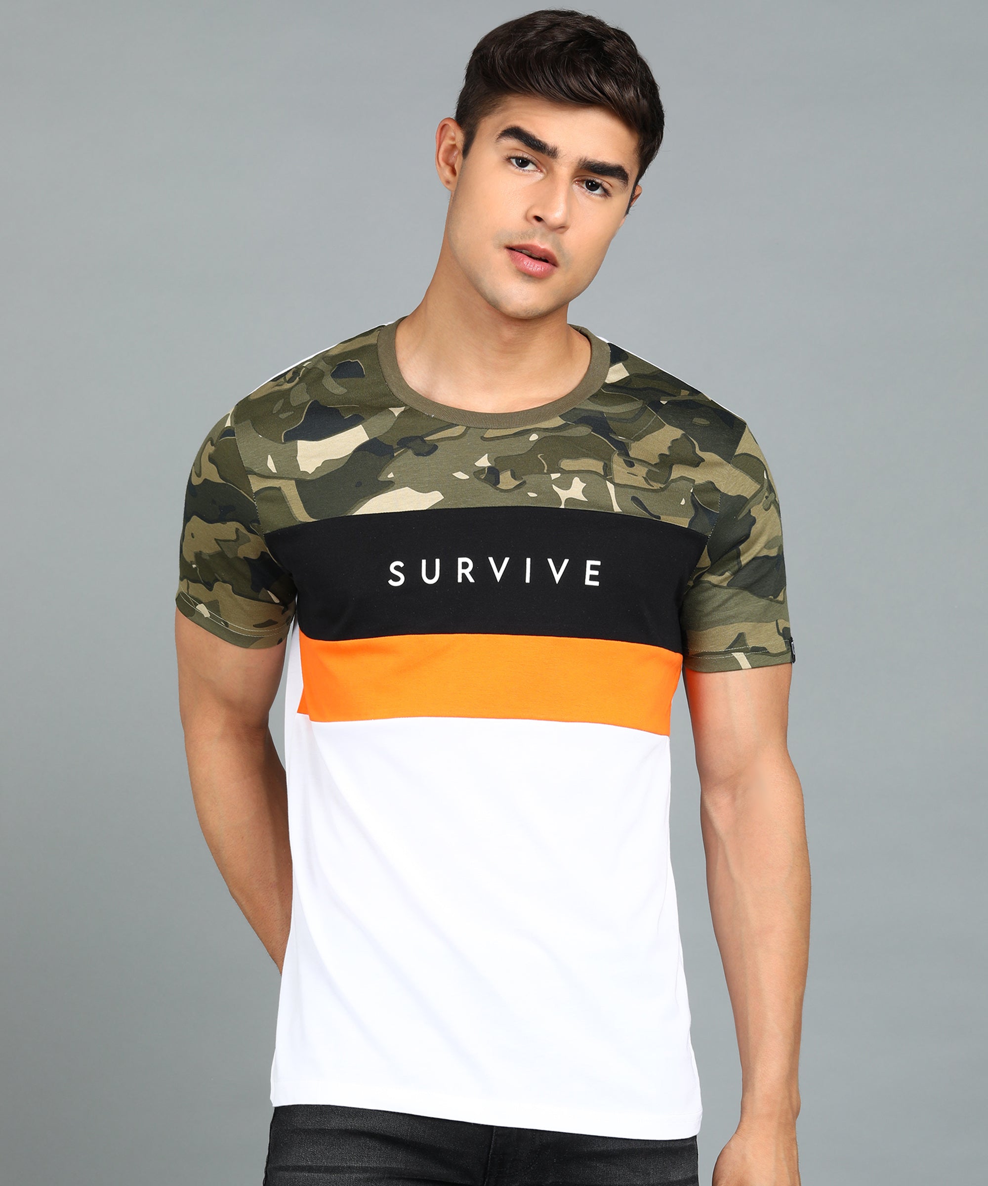 Urbano Fashion Men's White, Orange, Black Military Camouflage Printed Slim Fit Half Sleeve Cotton T-Shirt