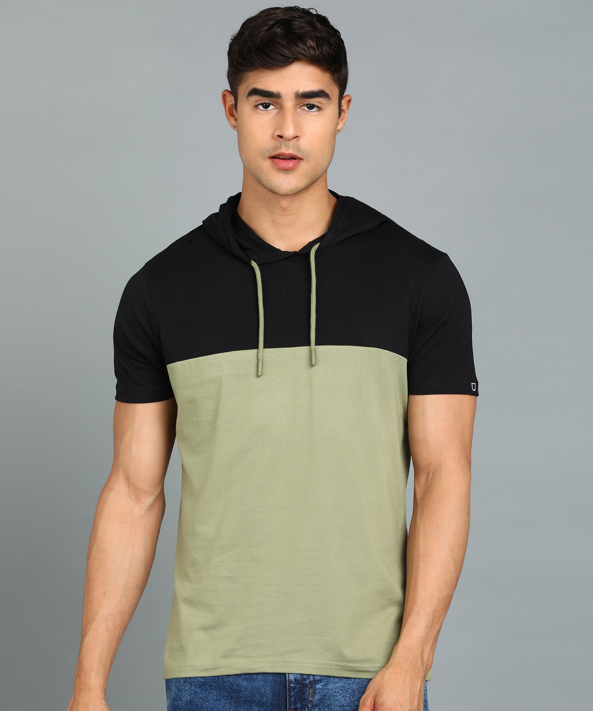 Urbano Fashion Men's Black, Olive Cotton Slim Fit Half Sleeve Hooded T-Shirt