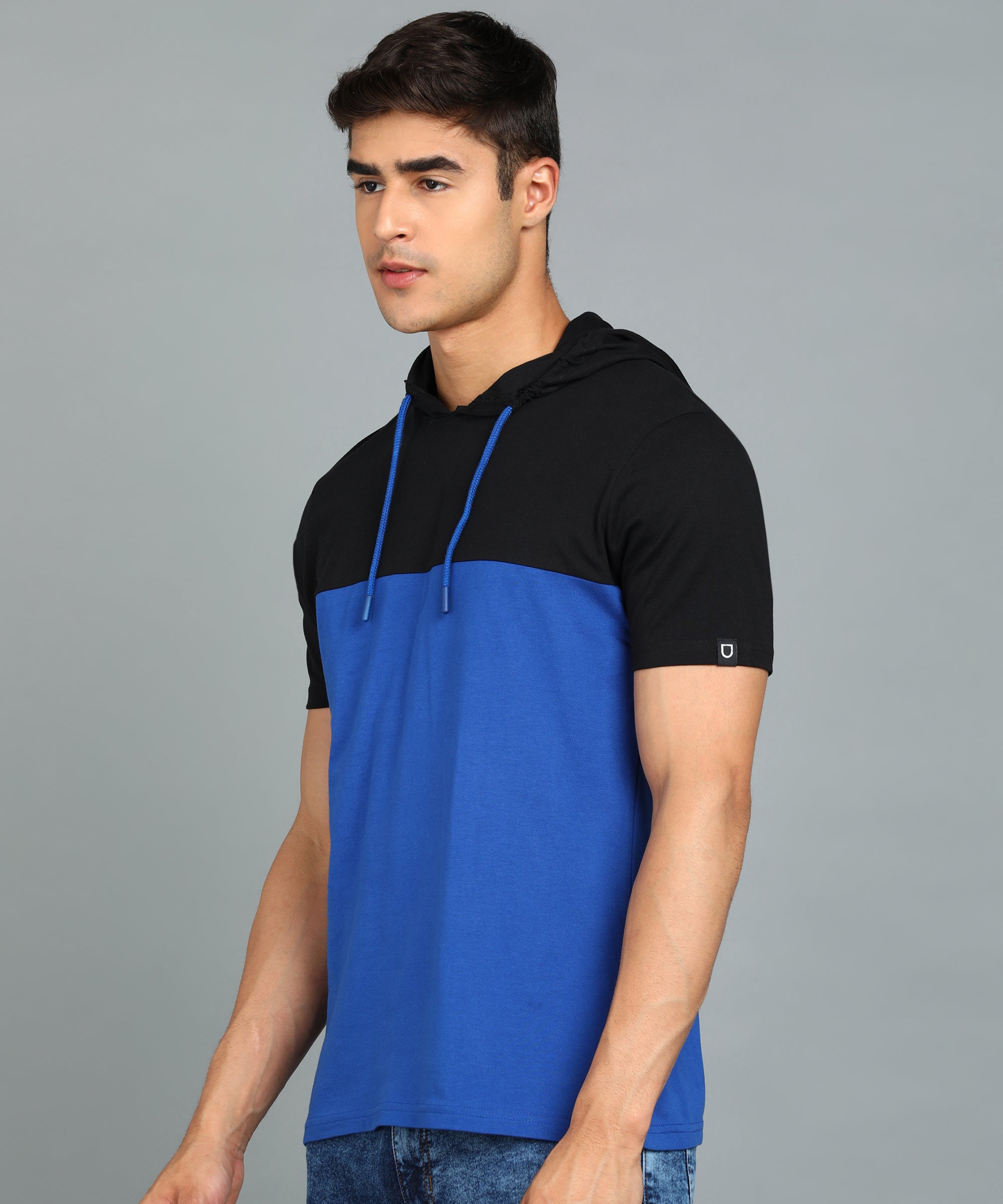 Urbano Fashion Men's Black, Royal Blue Cotton Slim Fit Half Sleeve Hooded T-Shirt