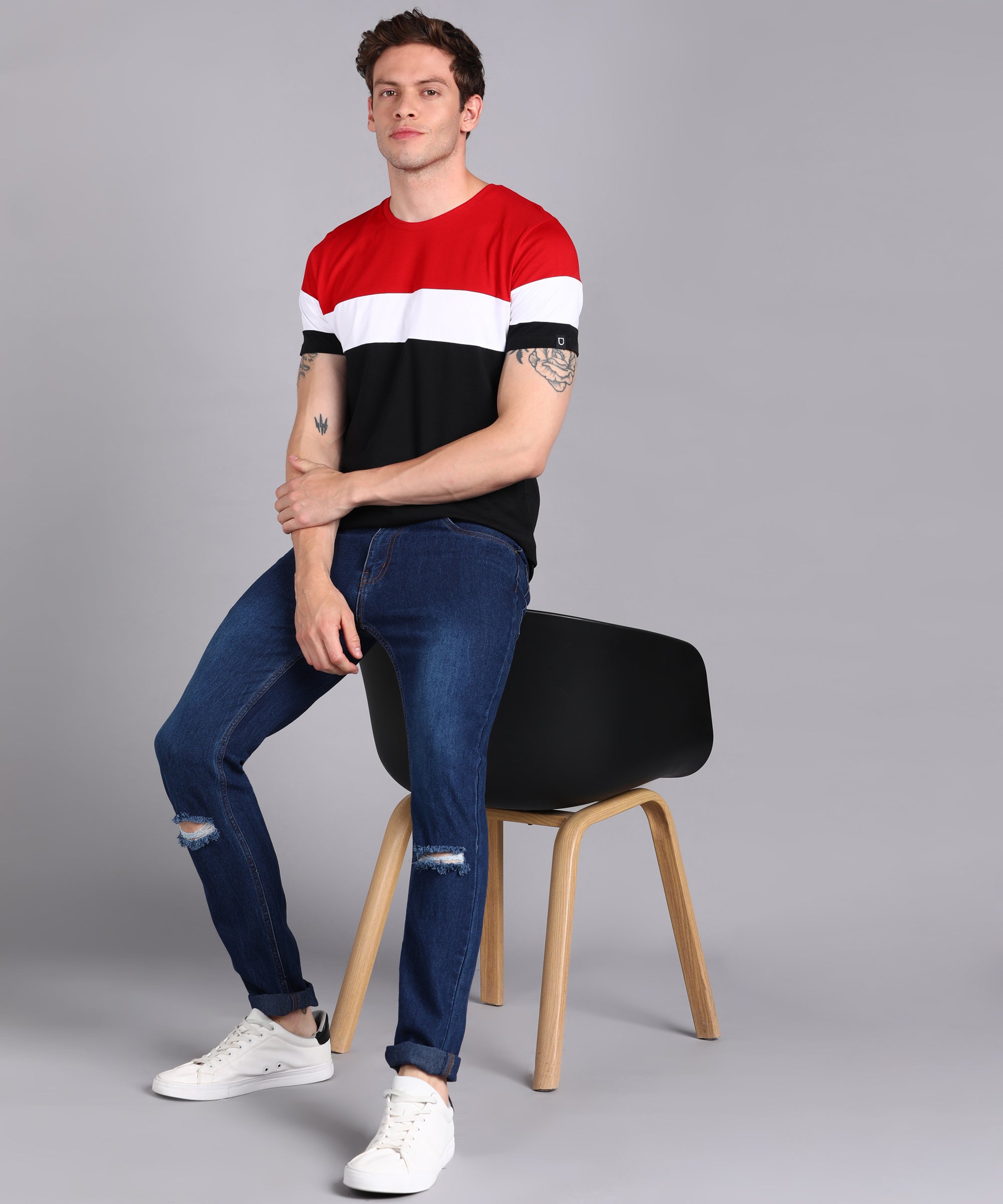 Men's Black, White, Red Cotton Color-Block Slim Fit Half Sleeve T