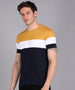 Men's Navy Blue, White, Gold Cotton Color-Block Slim Fit Half Sleeve T-Shirt