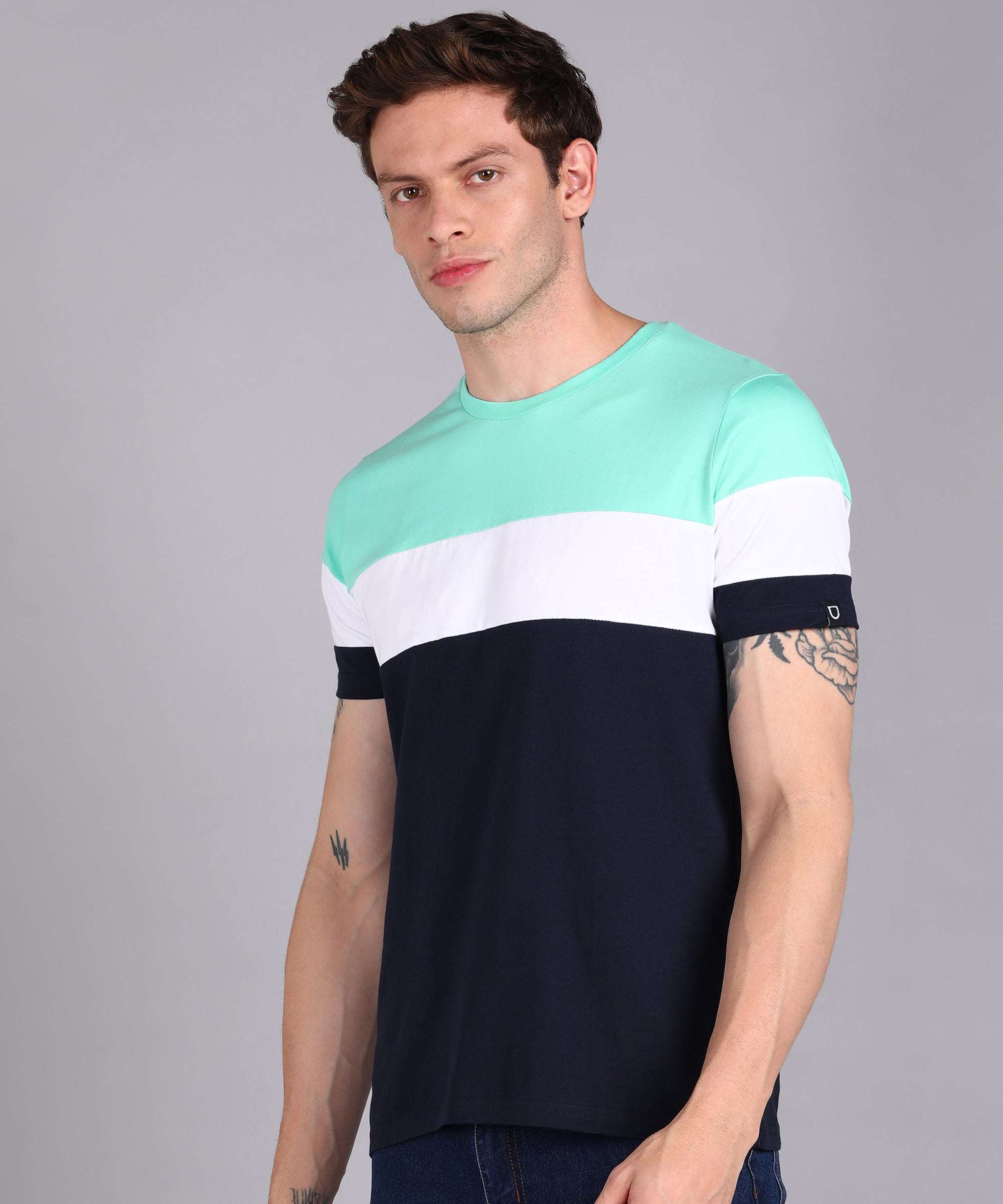 Urbano Fashion Men's Navy Blue, White, Mint Green Cotton Color-Block Slim Fit Half Sleeve T-Shirt