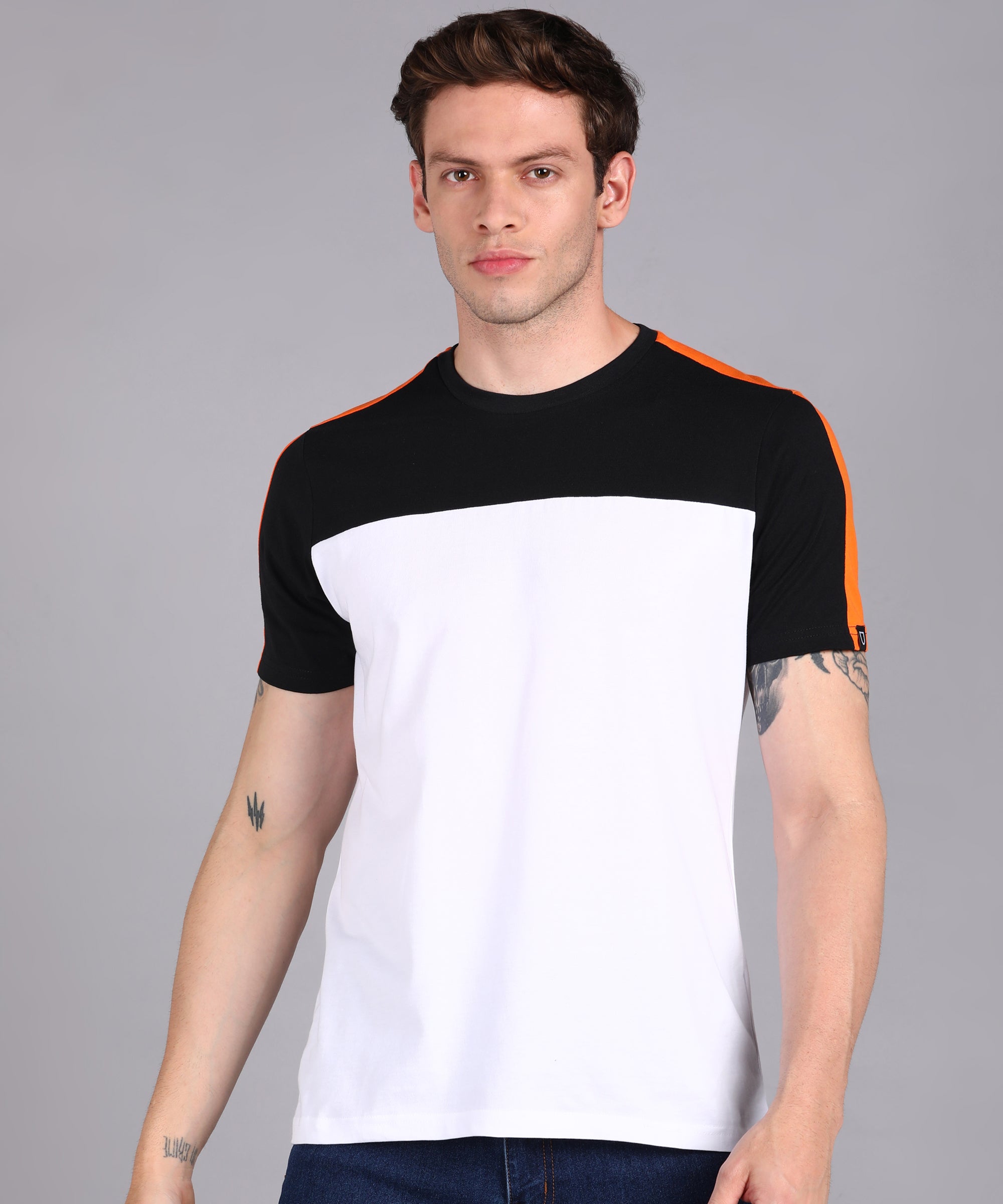 Urbano Fashion Men's Black, White, Orange Cotton Color-Block Slim Fit Half Sleeve T-Shirt