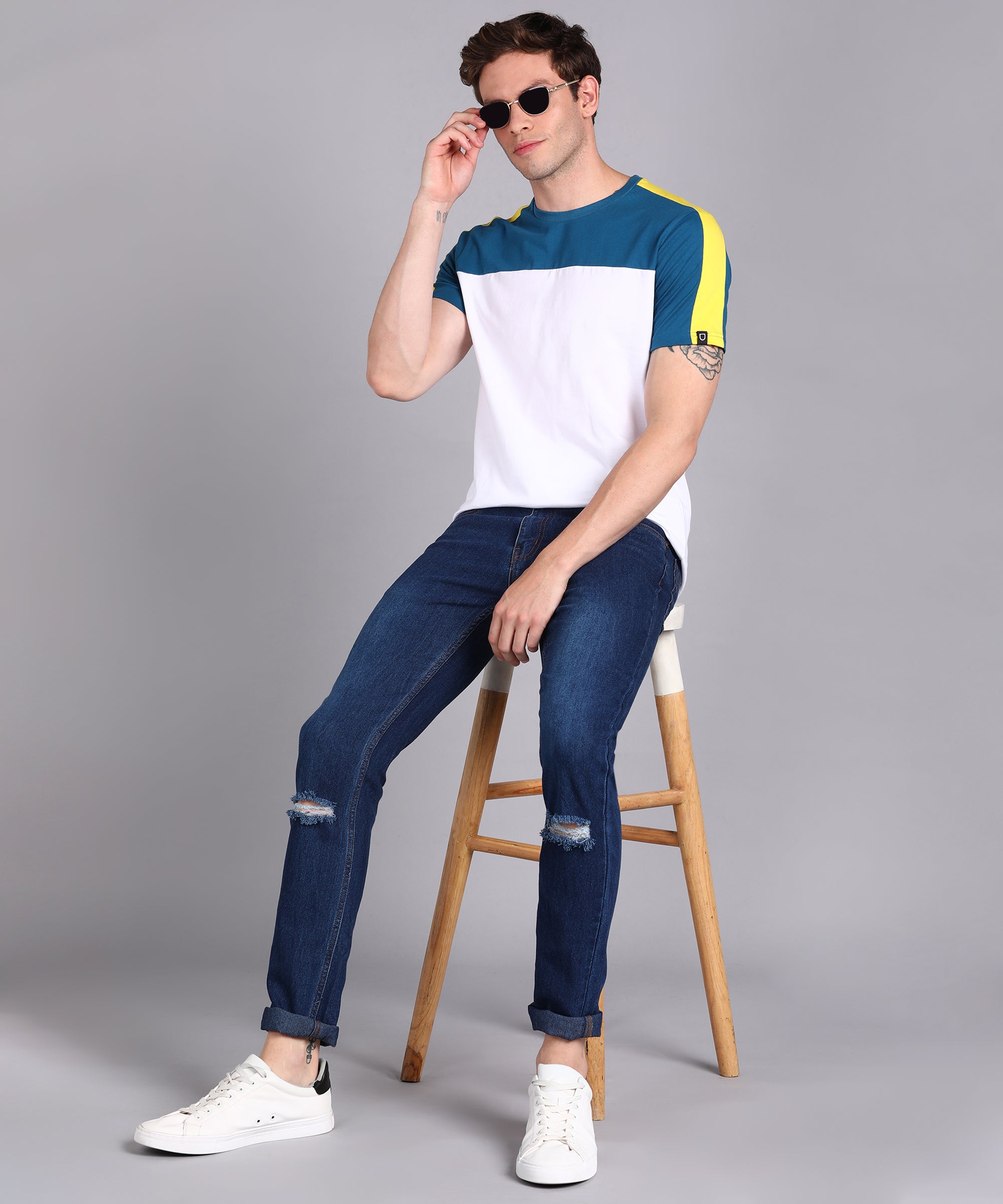 Urbano Fashion Men's Blue, White, Yellow Cotton Color-Block Slim Fit Half Sleeve T-Shirt