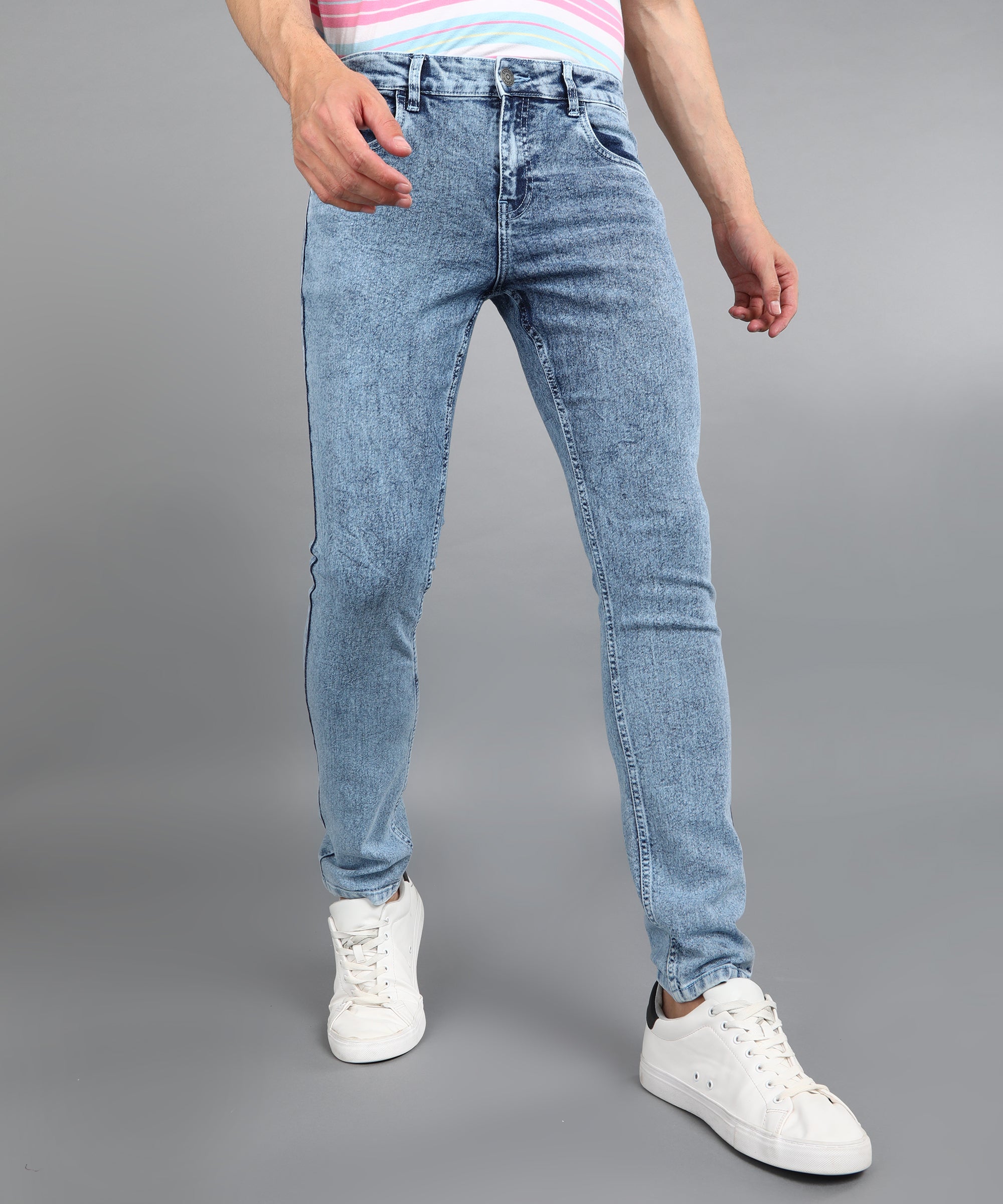 Men's Ice Blue Regular Fit Washed Jeans Stretchable