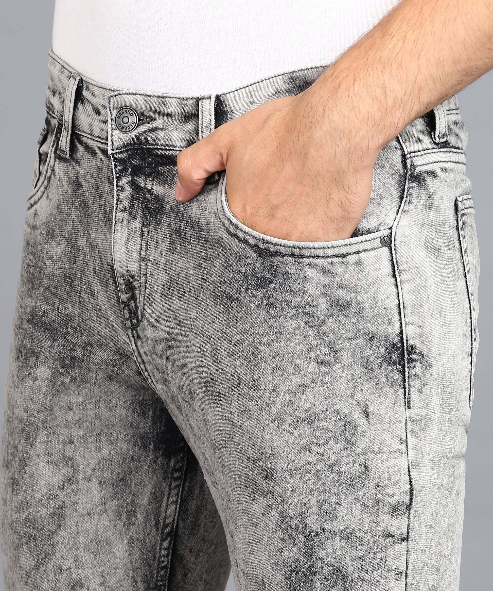 Men's Ice Grey Regular Fit Washed Jeans Stretchable