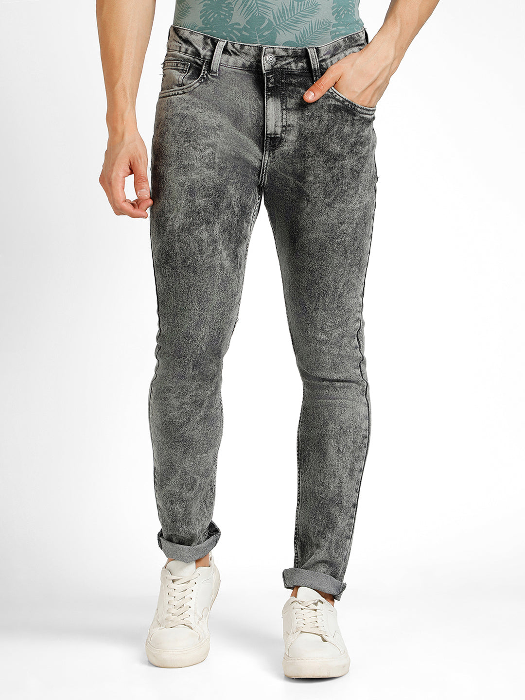 Men's Grey Regular Fit Washed Jeans Stretchable