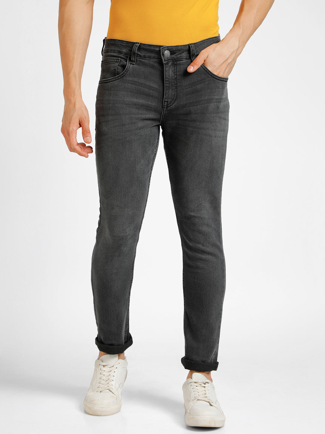 Men's Carbon Grey Regular Fit Washed Jeans Stretchable