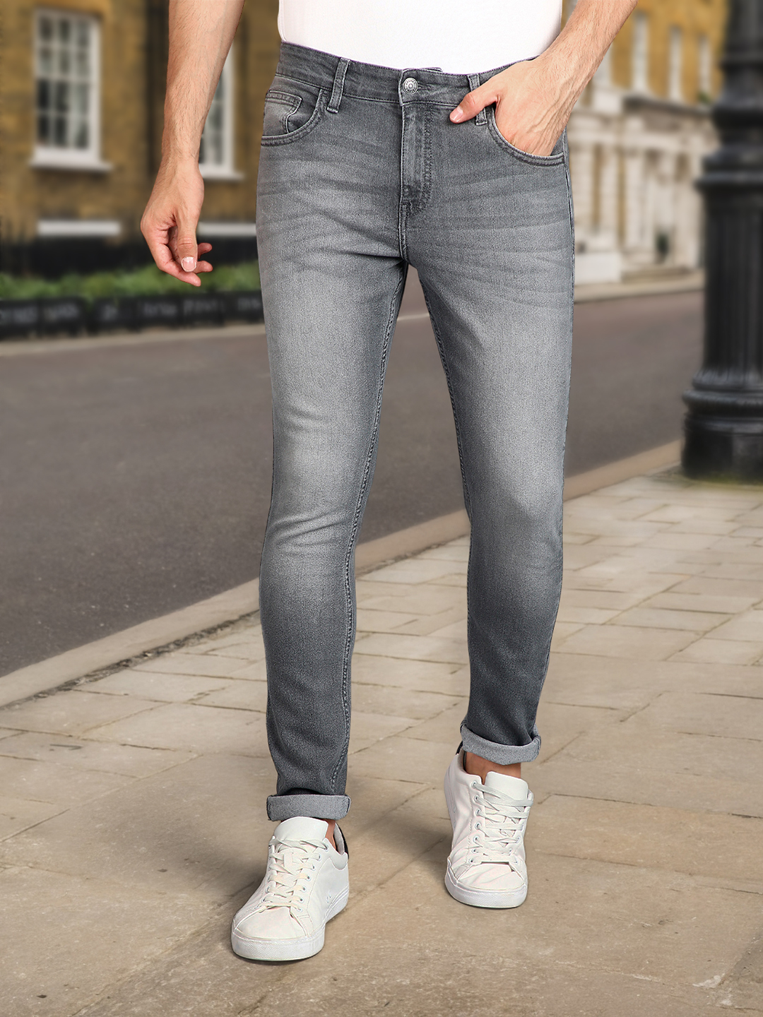 Men's Light Grey Regular Fit Washed Jeans Stretchable