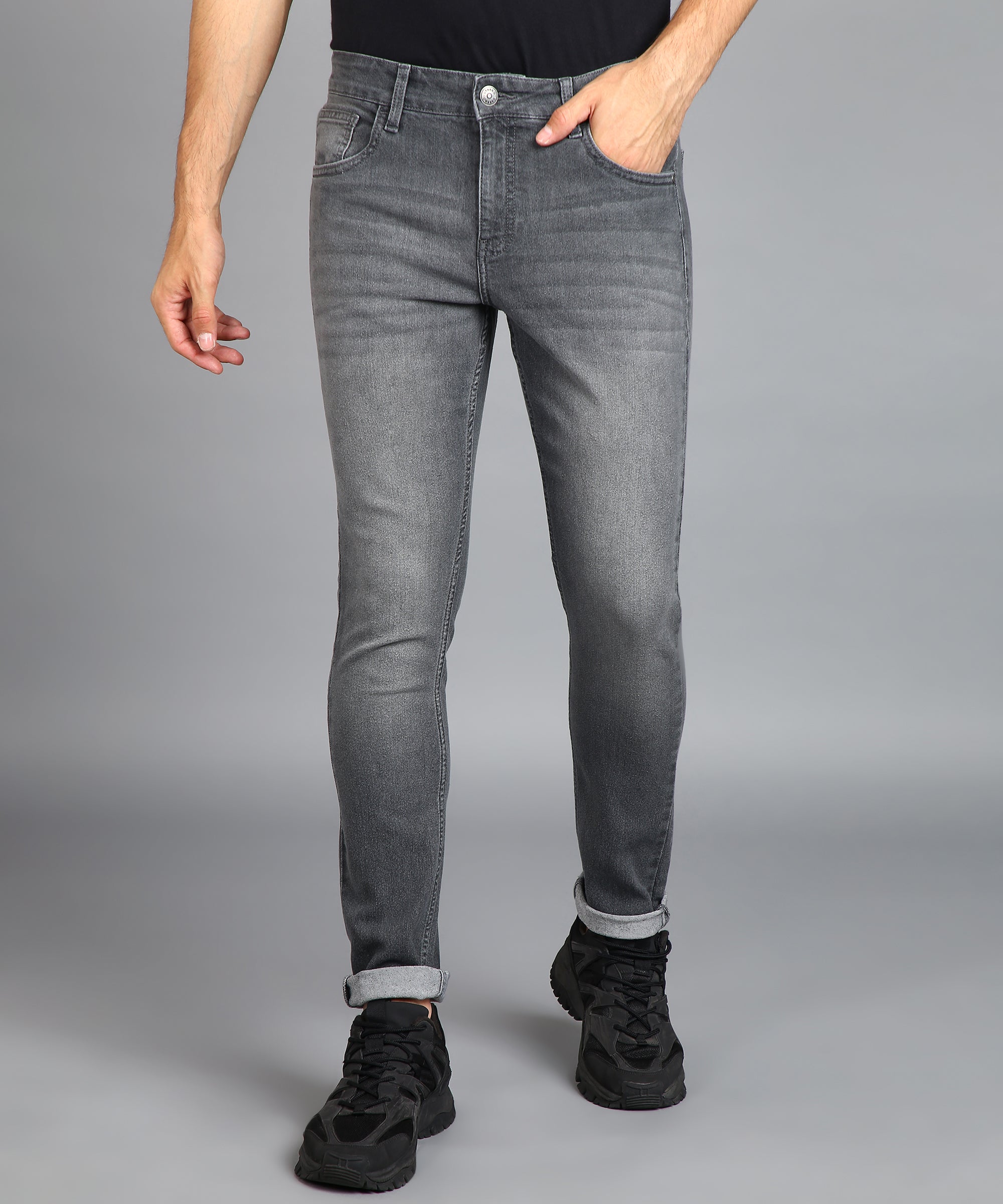 Men's Grey Regular Fit Washed Jeans Stretchable