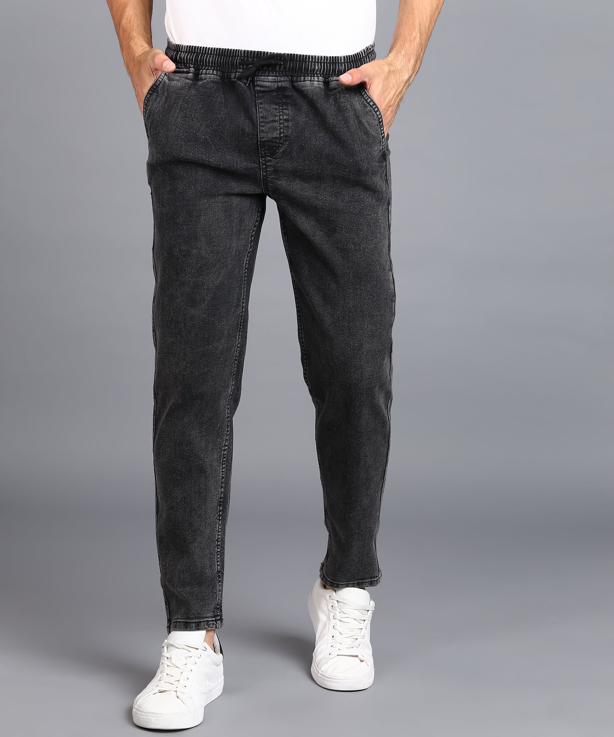 Urbano Fashion Men's Jet Black Regular Fit Washed Jogger Jeans Stretchable