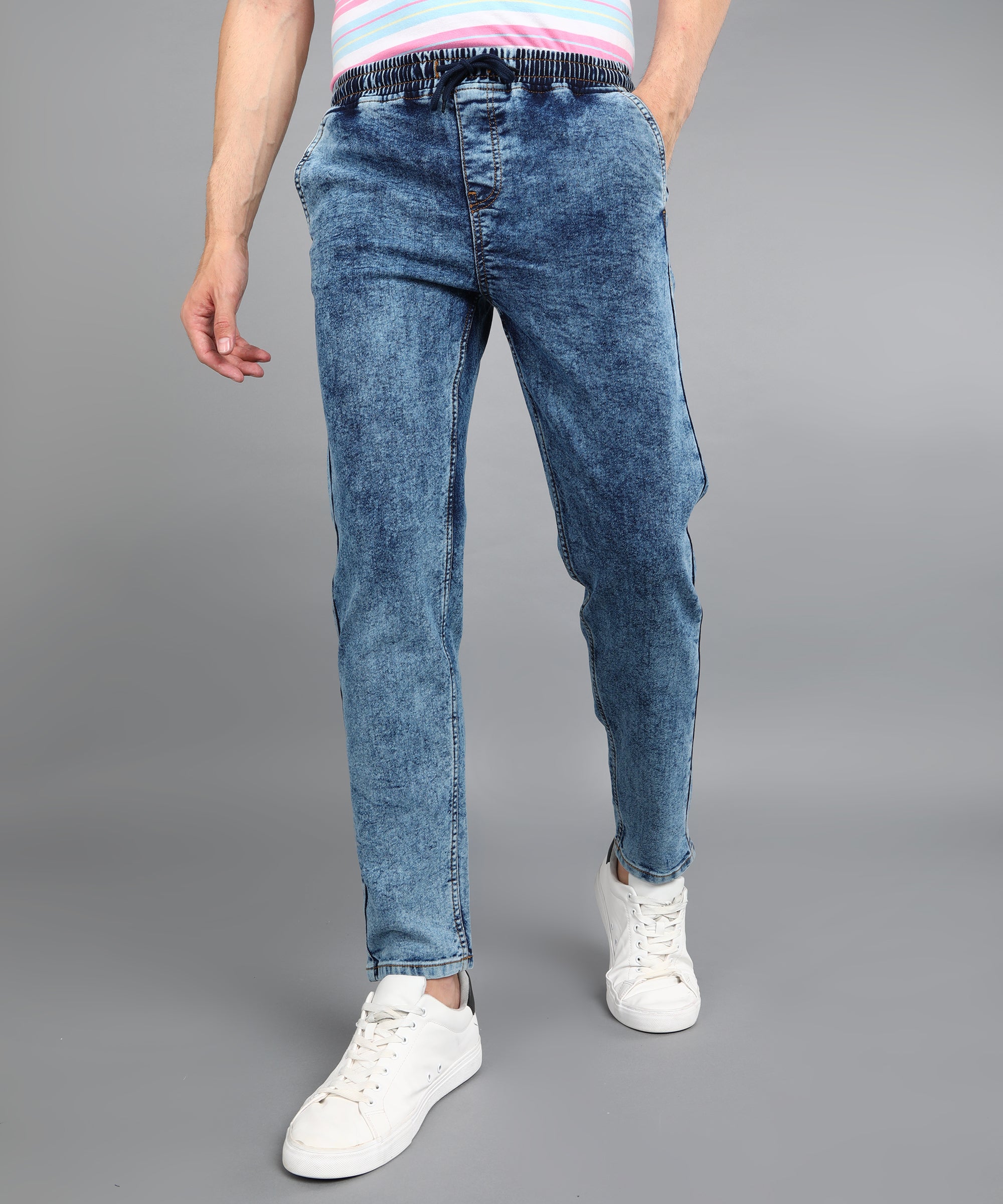 Men's Blue Regular Fit Washed Jogger Jeans Stretchable