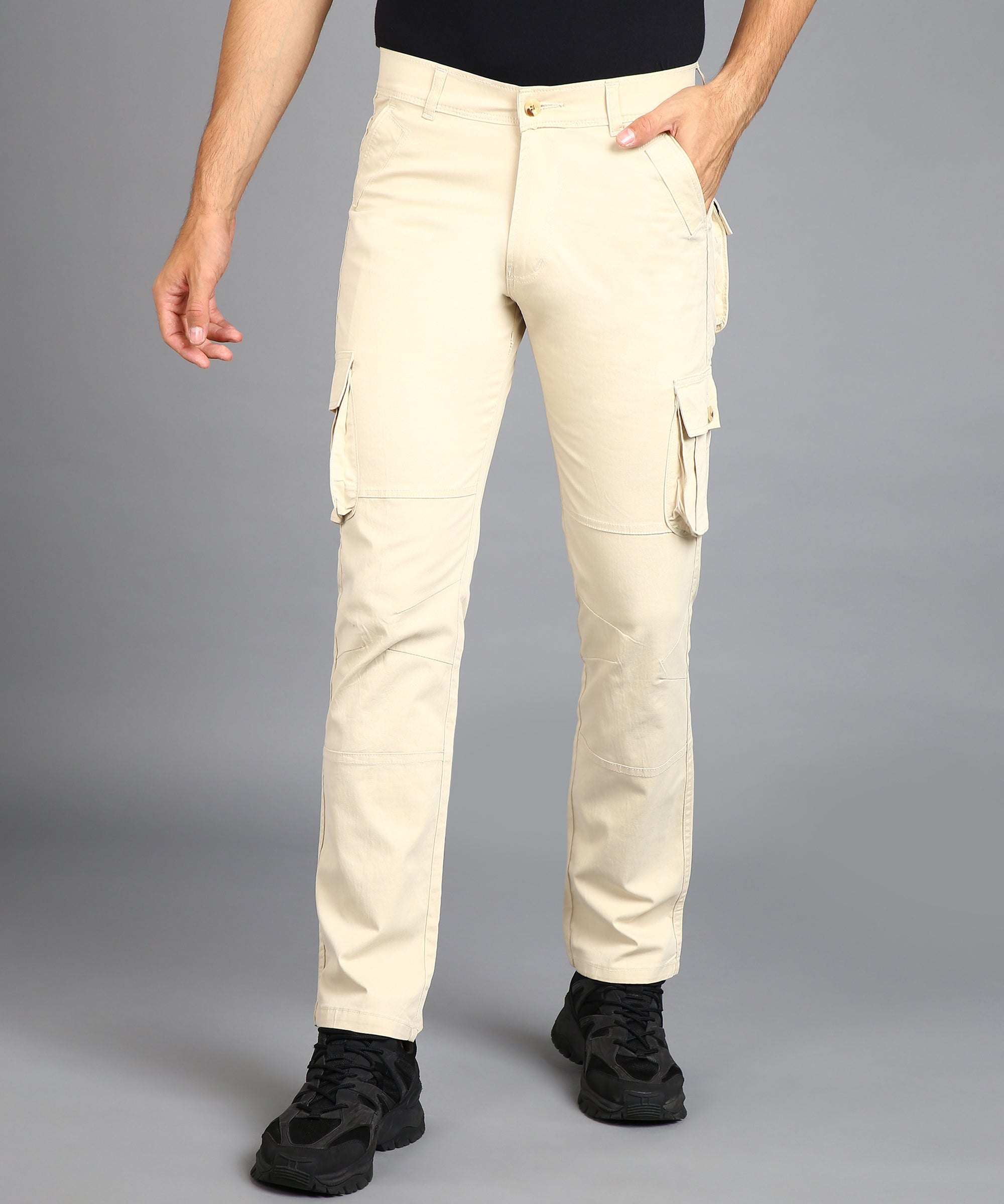 Men's Cream Regular Fit Solid Cargo Chino Pant with 6 Pockets