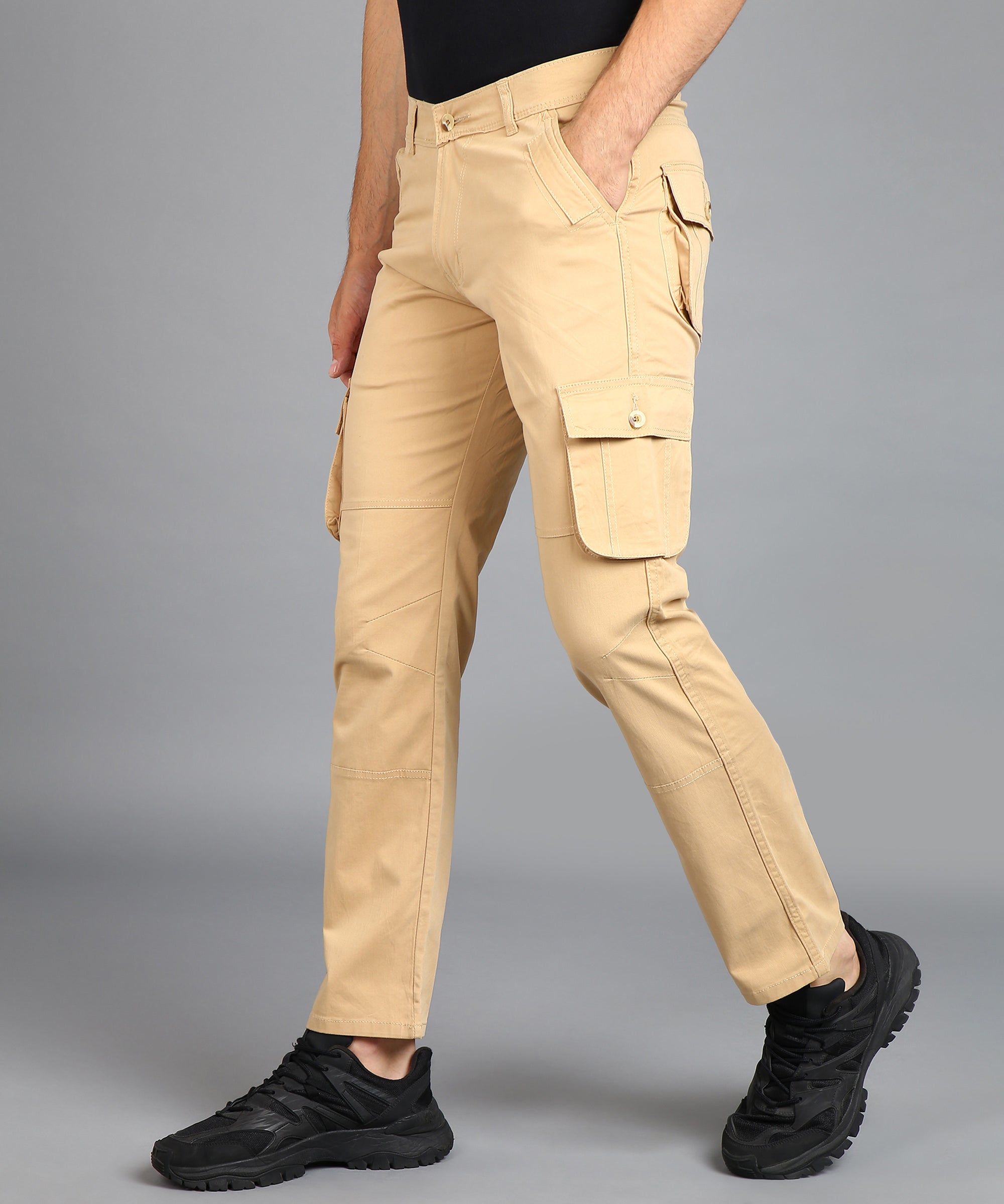 Urbano Fashion Men's Beige Regular Fit Solid Cargo Chino Pant with 6 Pockets