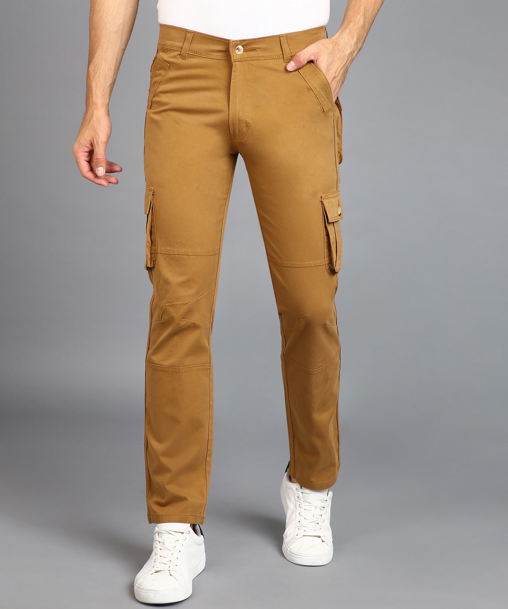 Men's Dark Khaki Regular Fit Solid Cargo Chino Pant with 6 Pockets