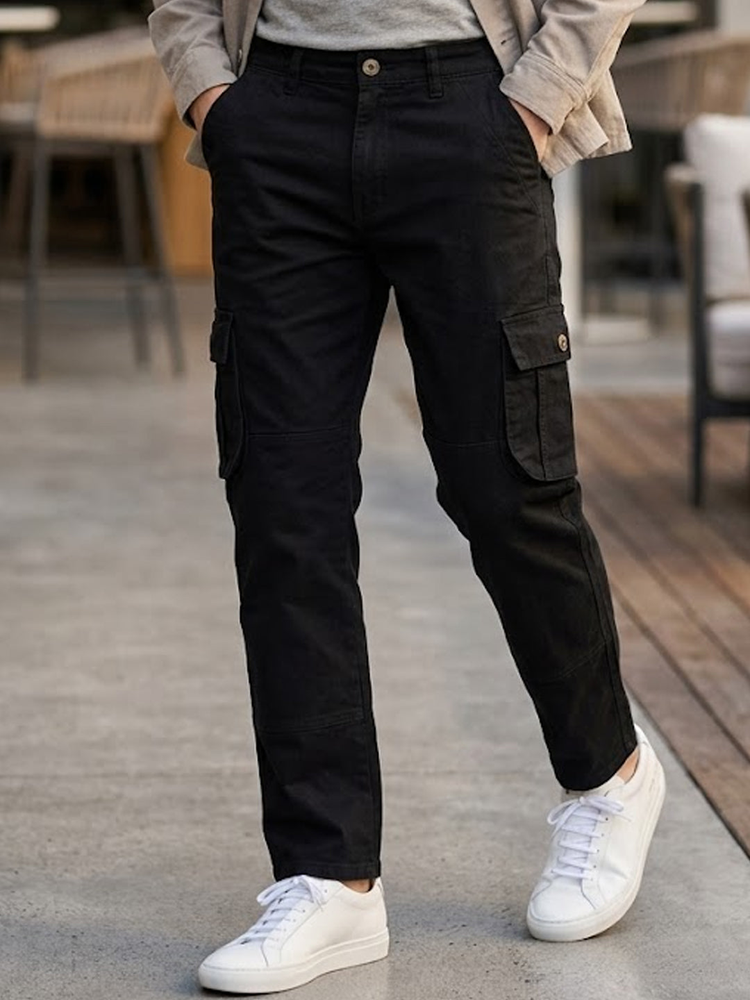 Men's Black Regular Fit Solid Cargo Chino Pant with 6 Pockets