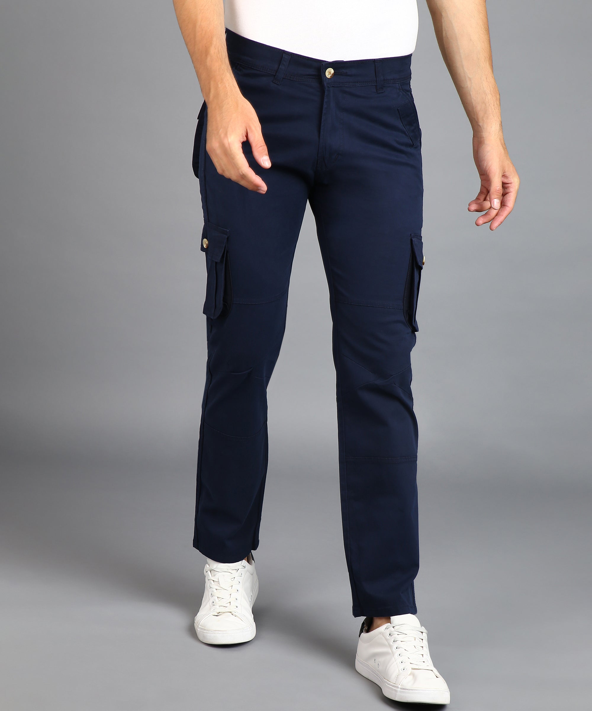 Men's Navy Blue Regular Fit Solid Cargo Chino Pant with 6 Pockets ...