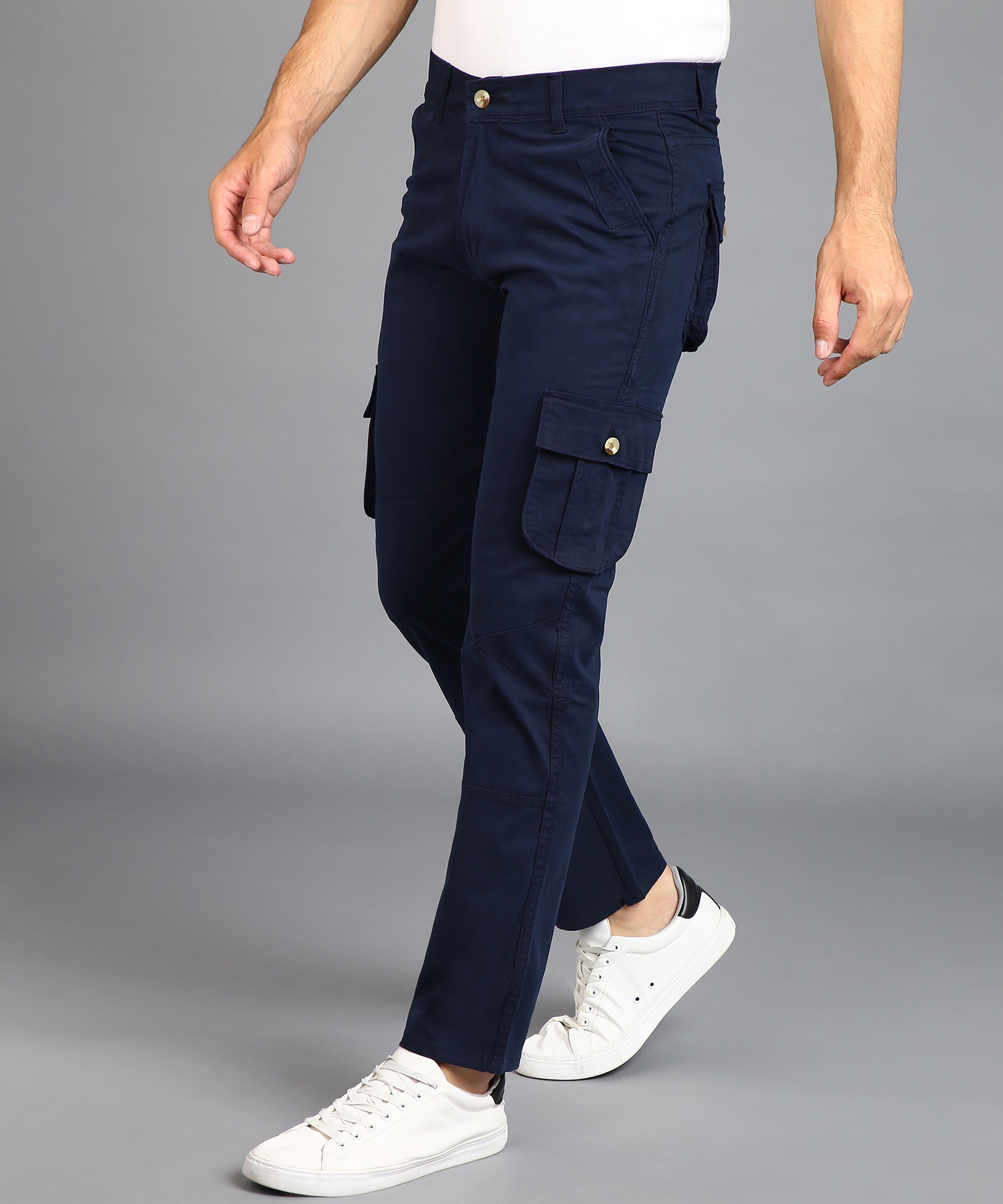Men's Navy Blue Regular Fit Solid Cargo Chino Pant with 6 Pockets ...