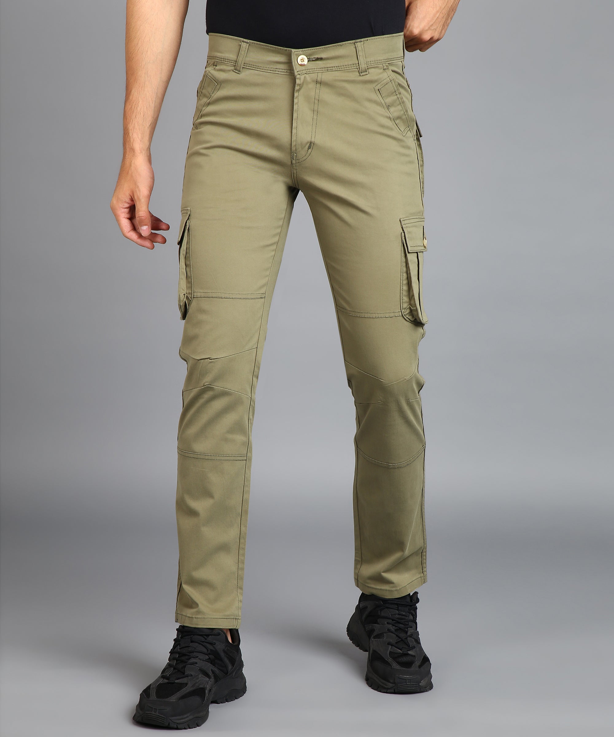 Men's Olive Green Regular Fit Solid Cargo Chino Pant with 6 Pockets