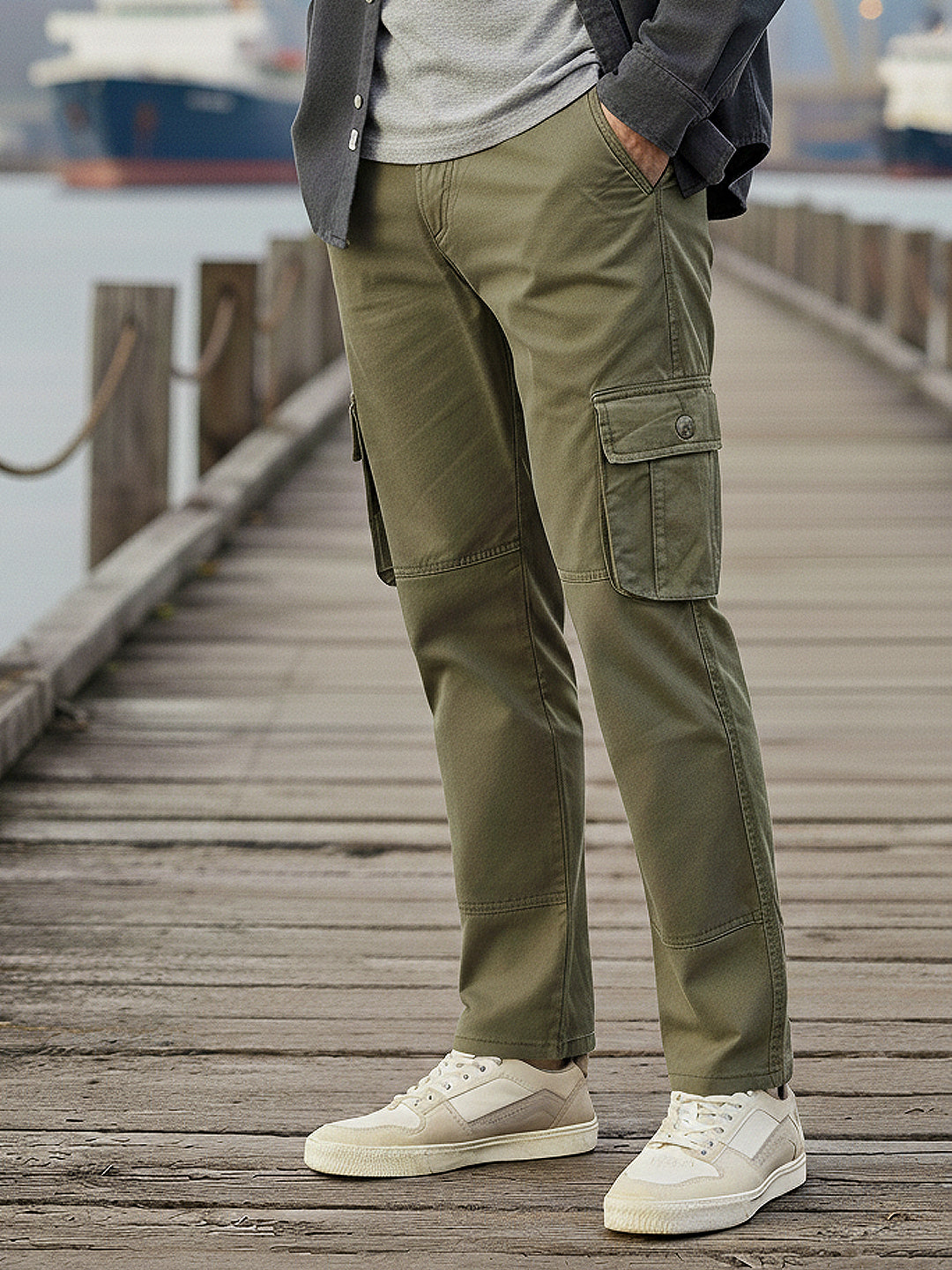 Men's Olive Green Regular Fit Solid Cargo Chino Pant with 6 Pockets