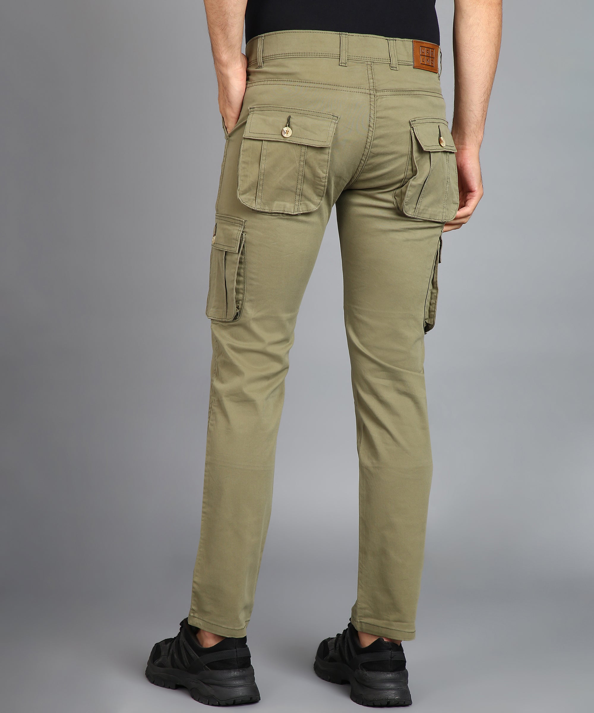Men's Olive Green Regular Fit Solid Cargo Chino Pant with 6 Pockets