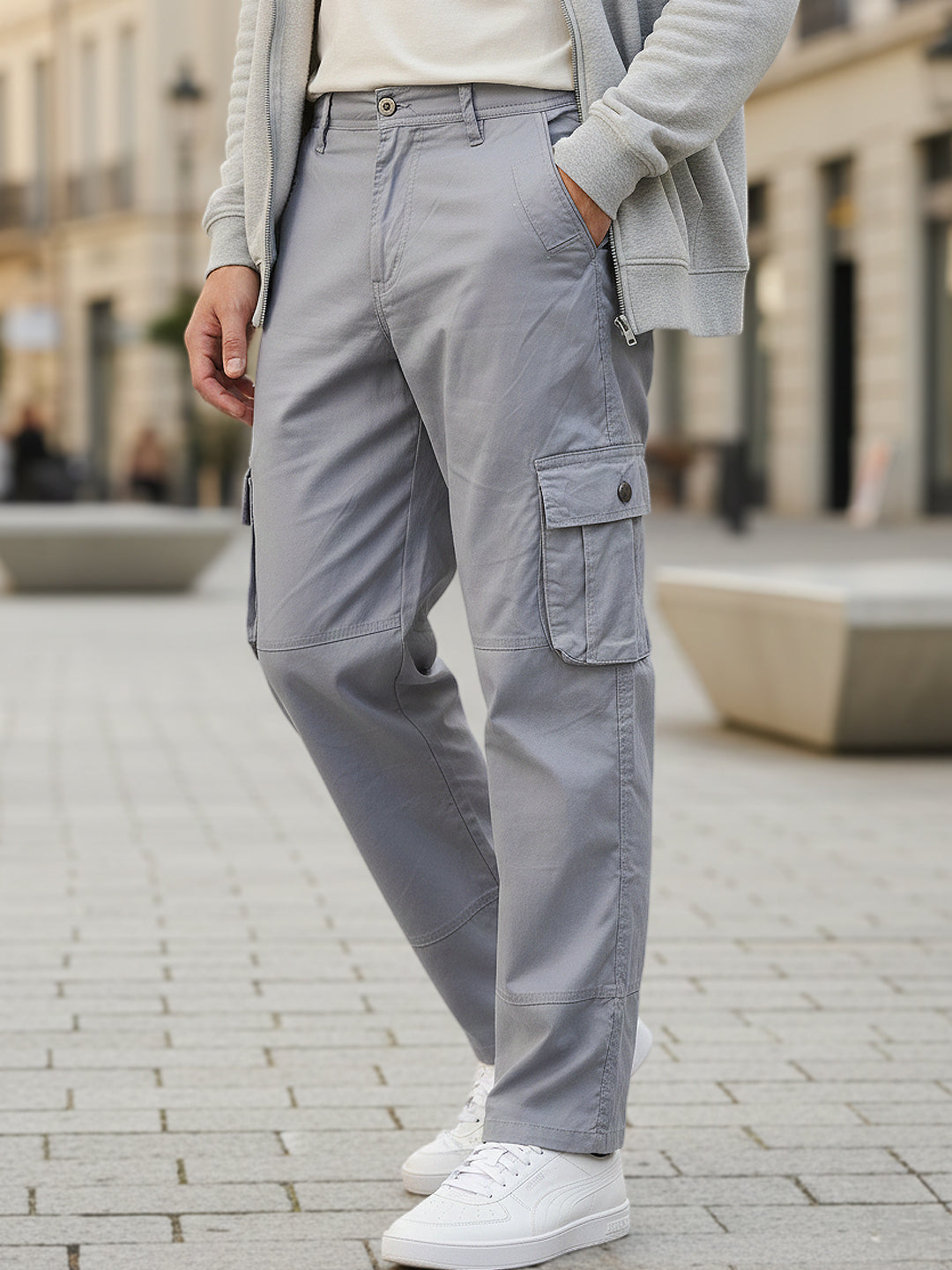 Men's Light Blue Regular Fit Solid Cargo Chino Pant with 6 Pockets