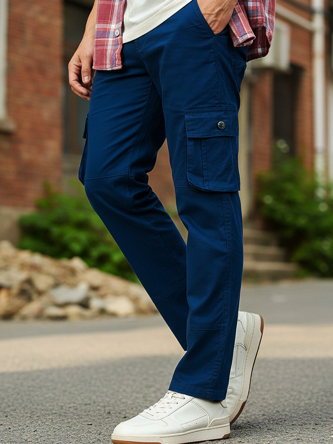 Men's Royal Blue Regular Fit Solid Cargo Chino Pant with 6 Pockets